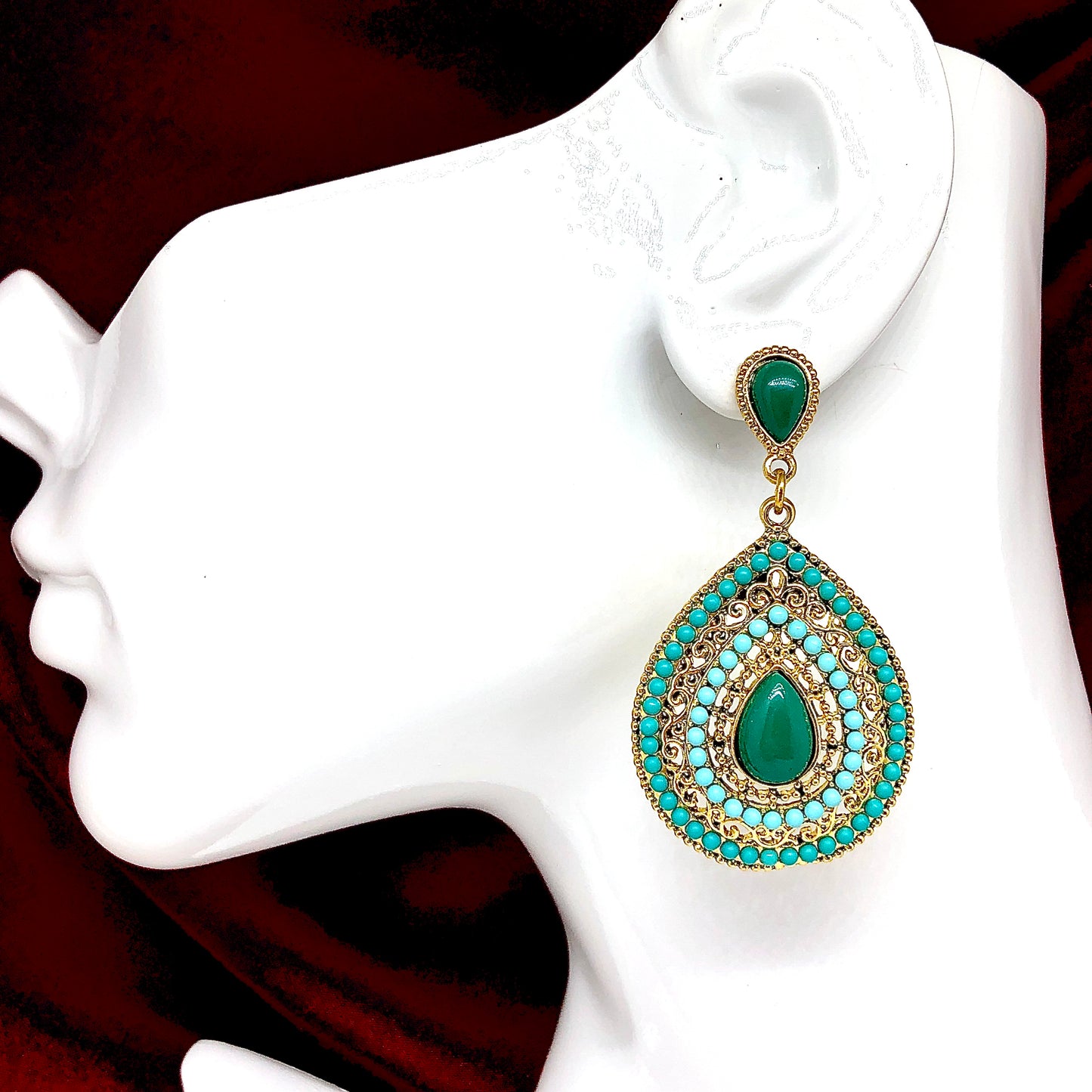 Boho Style Green and Golden Design Big Dangle Earrings