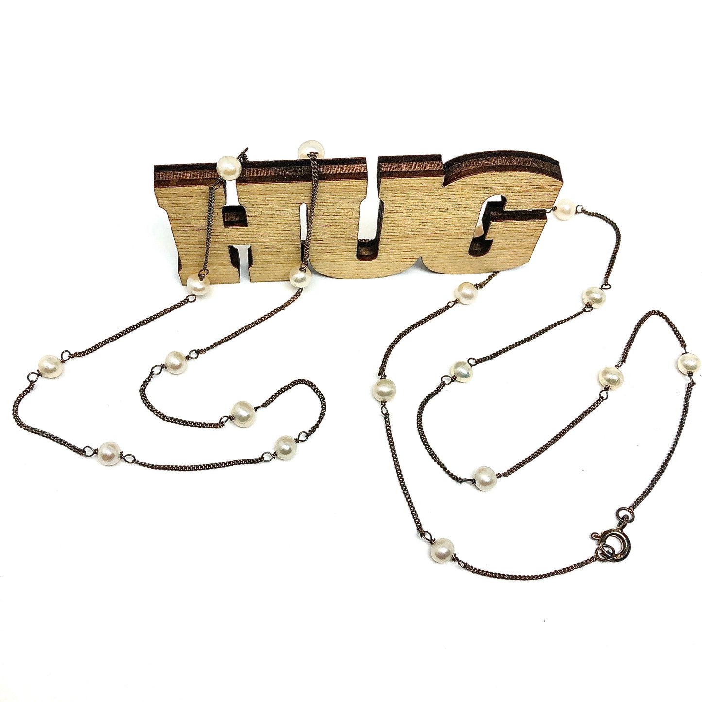 32" Oxidized Gold Sterling Silver Rustic Pearl Necklace