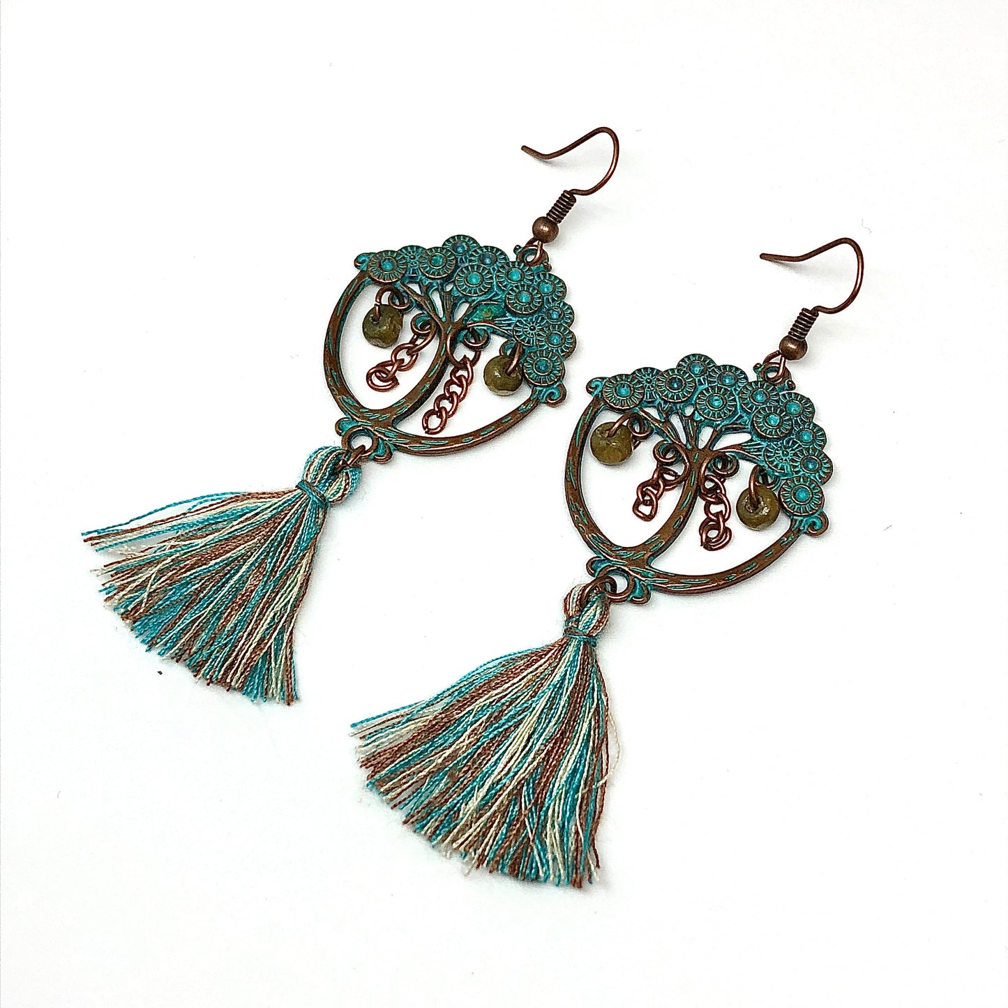 Tassel Earrings Japanese Bonsai Tree in Rustic Copper Turquoise