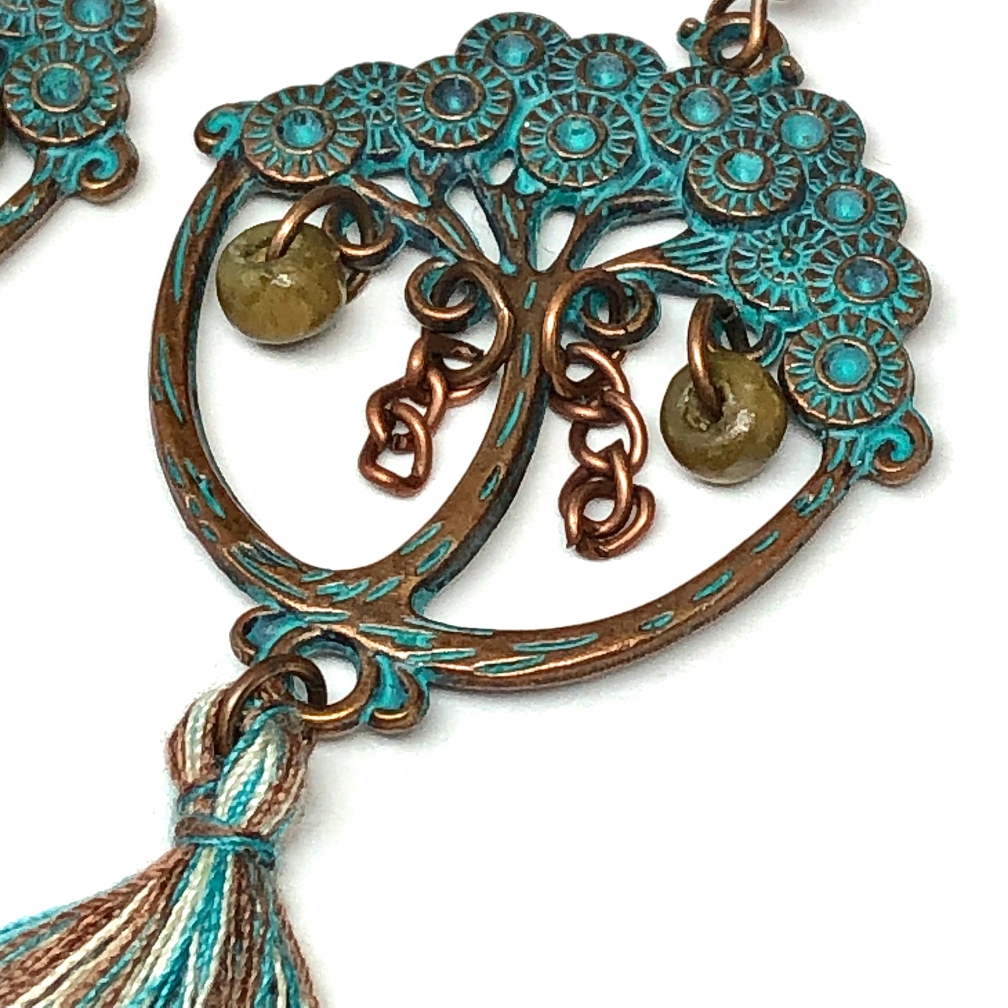 Tassel Earrings Ethnic Japanese Bonsai Tree in Rustic Copper Turquoise | New