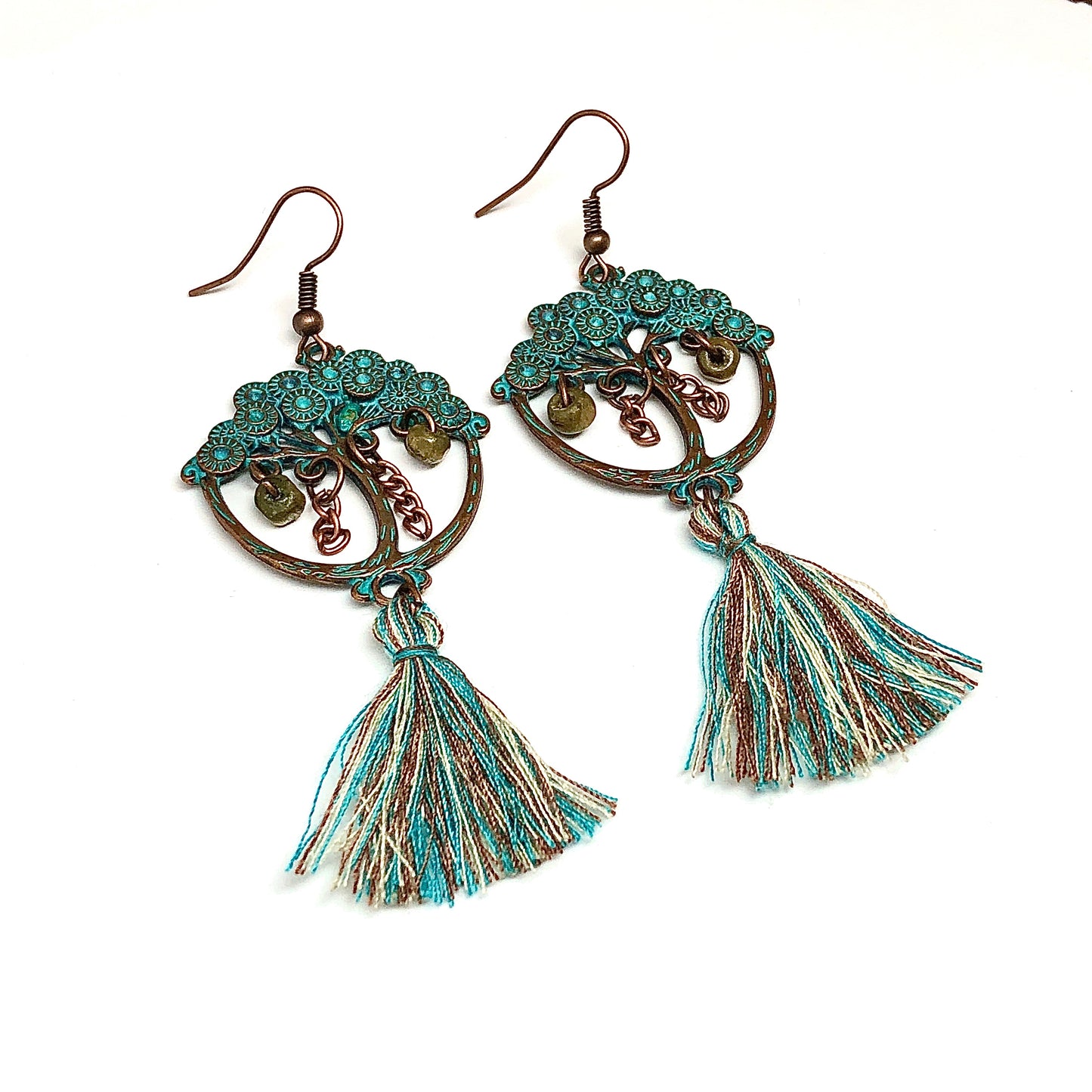 Tassel Earrings Ethnic Japanese Bonsai Tree in Rustic Copper Turquoise | Womens Boho Style