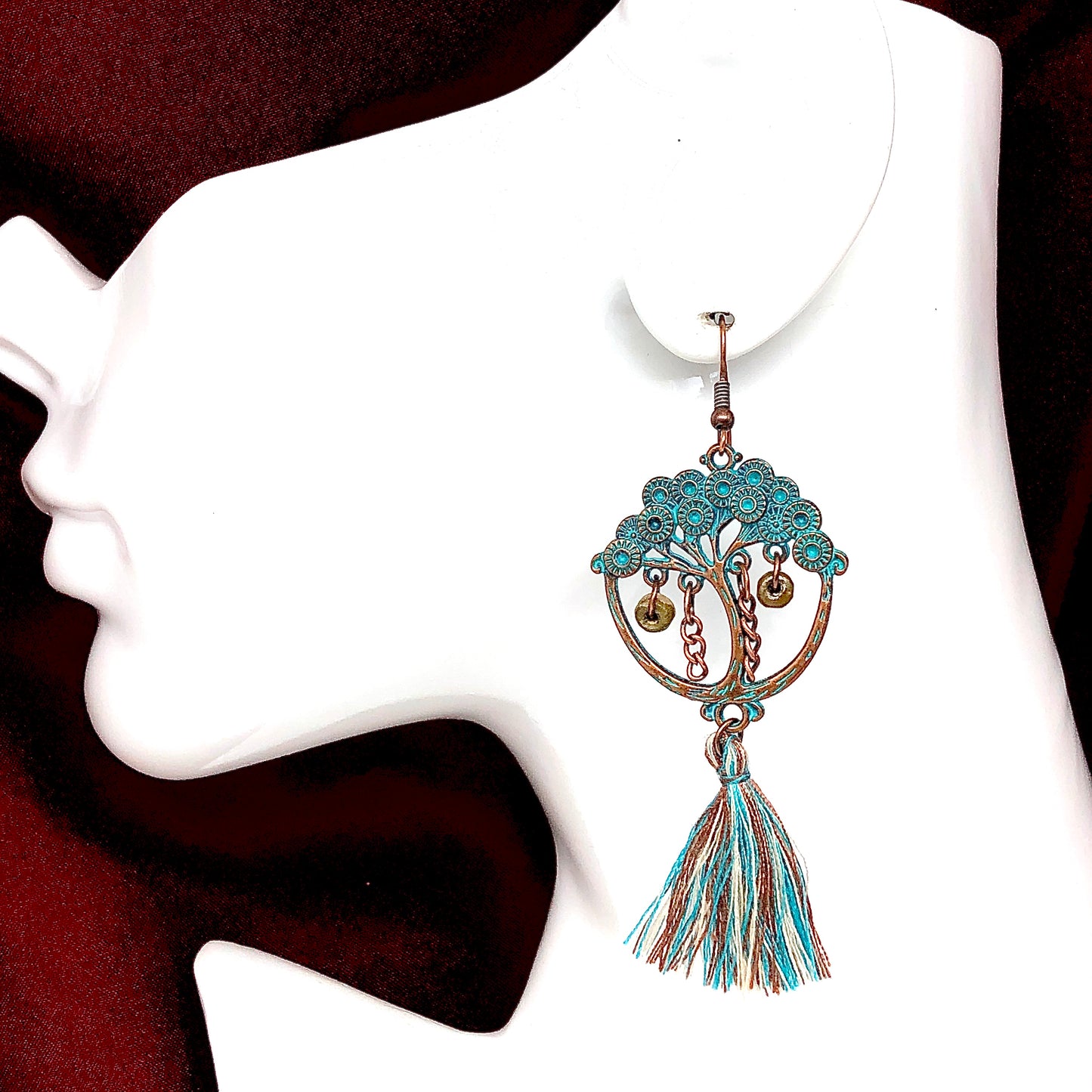 Tassel Earrings Ethnic Japanese Bonsai Tree in Rustic Copper Turquoise | Boho Fashion Jewelry