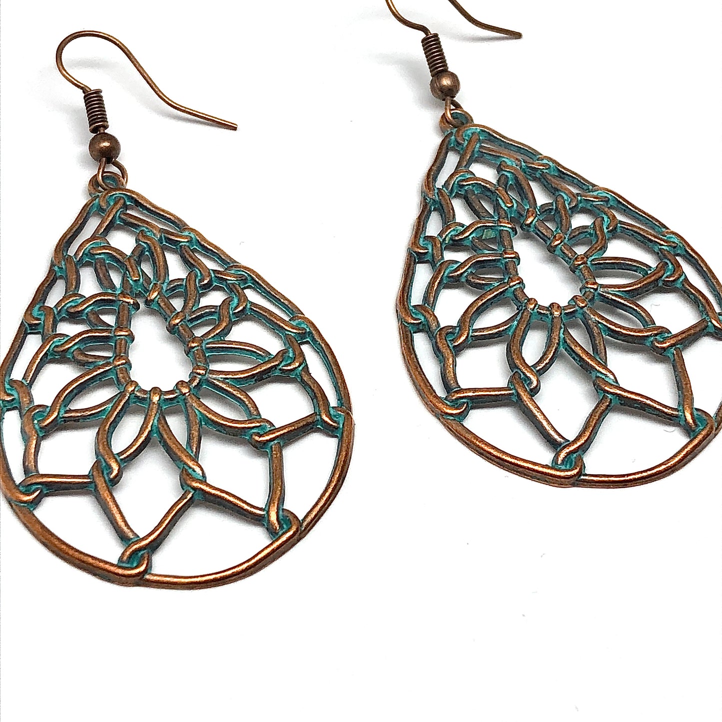 Big Drop Earrings Womens Vintage Lotus in Turquoise Verdigris | Rustic Chic Style Jewelry