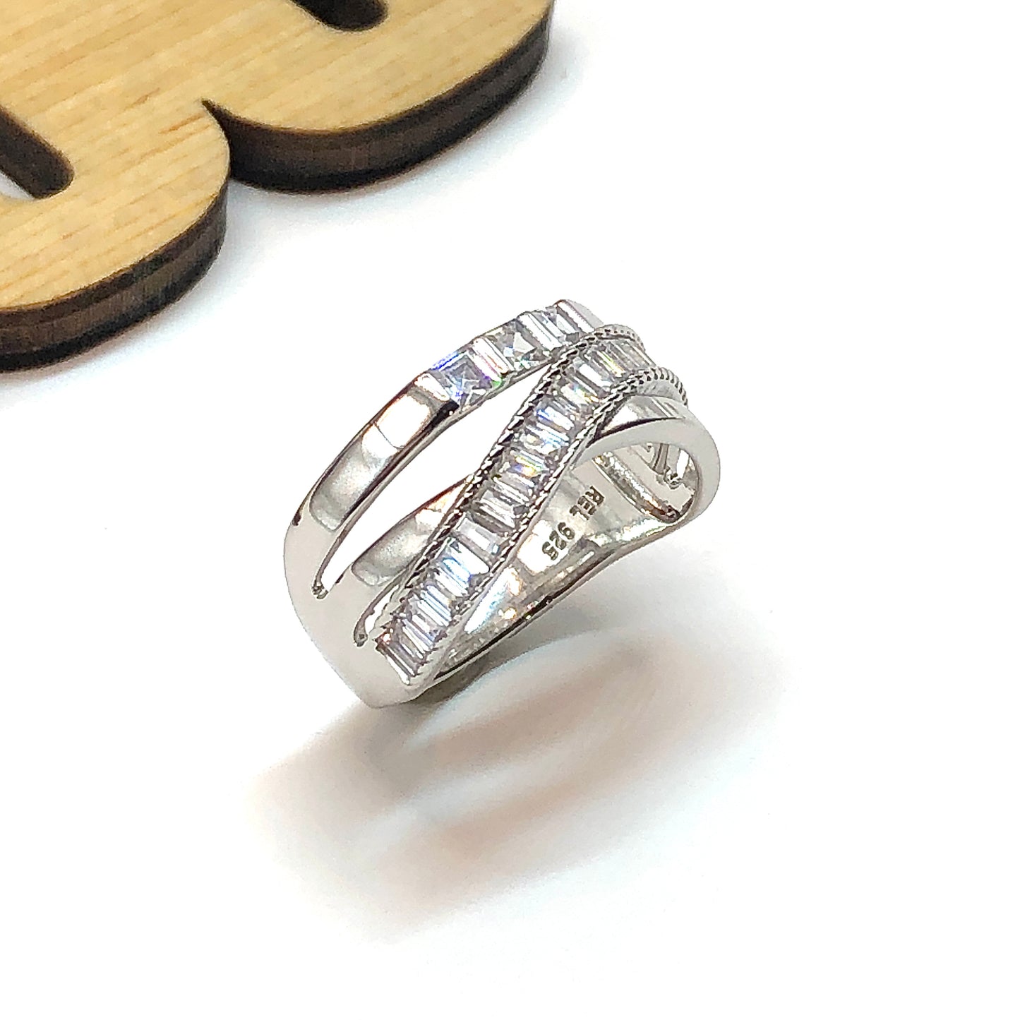 Silver Ring | Crossover Ring | Beautiful 925 Sterling Bypassing Baguette Cubic Zirconia Band