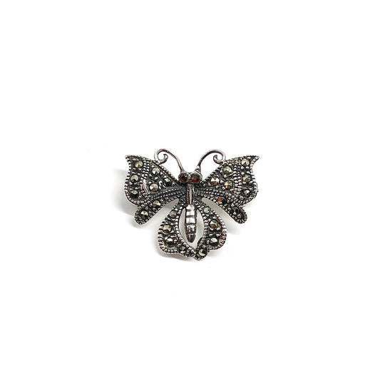 Brooch, Mens or Womens Sterling Silver Marcasite Stone Butterfly Brooch or Tie Pin