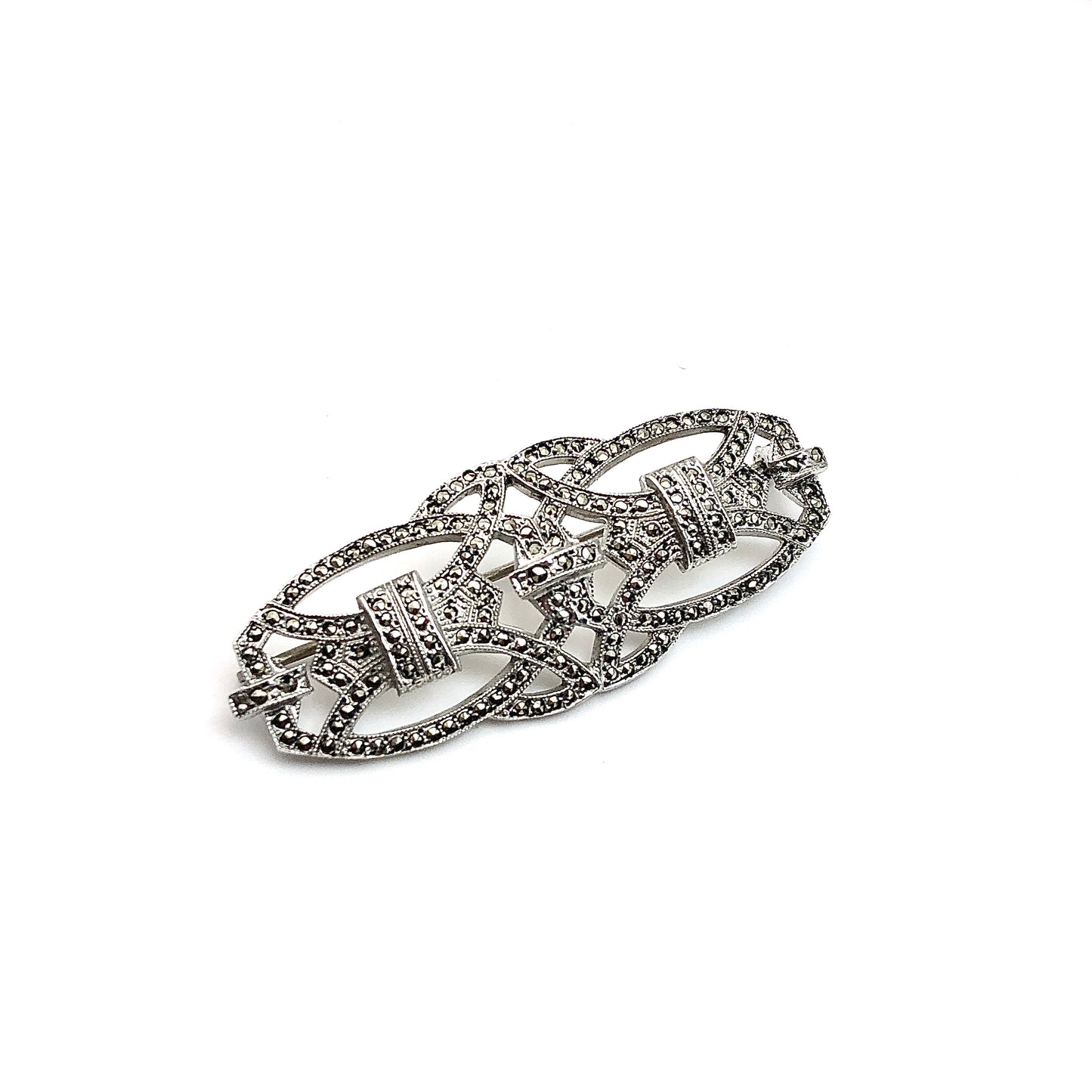 Vintage Sterling Silver Marcasite Stone Brooch