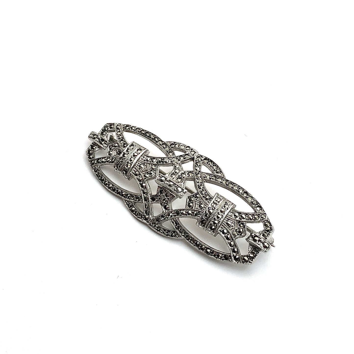 Vintage Sterling Silver Marcasite Stone Brooch