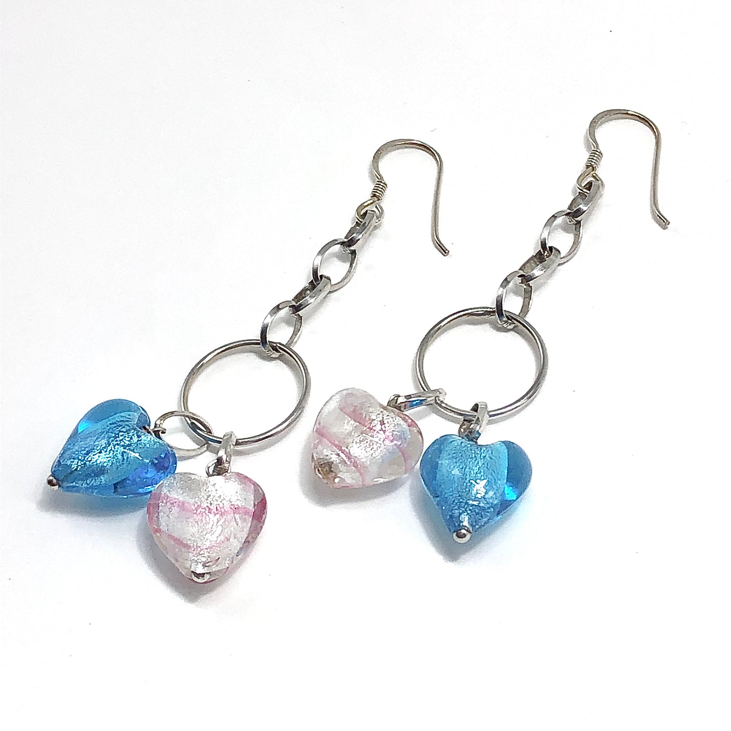 Venezia Blue Pink Murano Glass Heart Sterling Silver Dangle Earrings