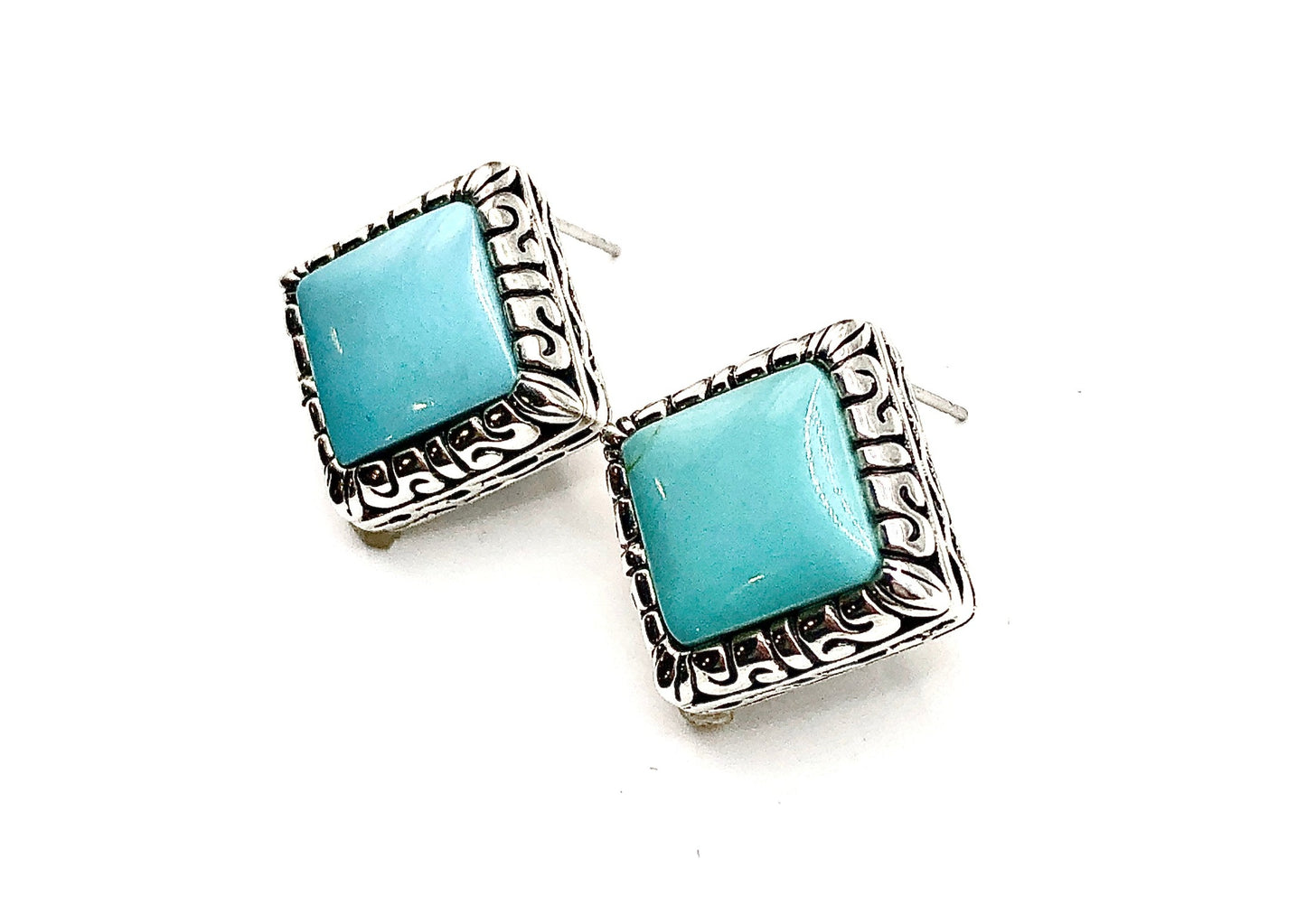 Sterling Silver Earrings, Big Blue Turquoise Stone Earrings