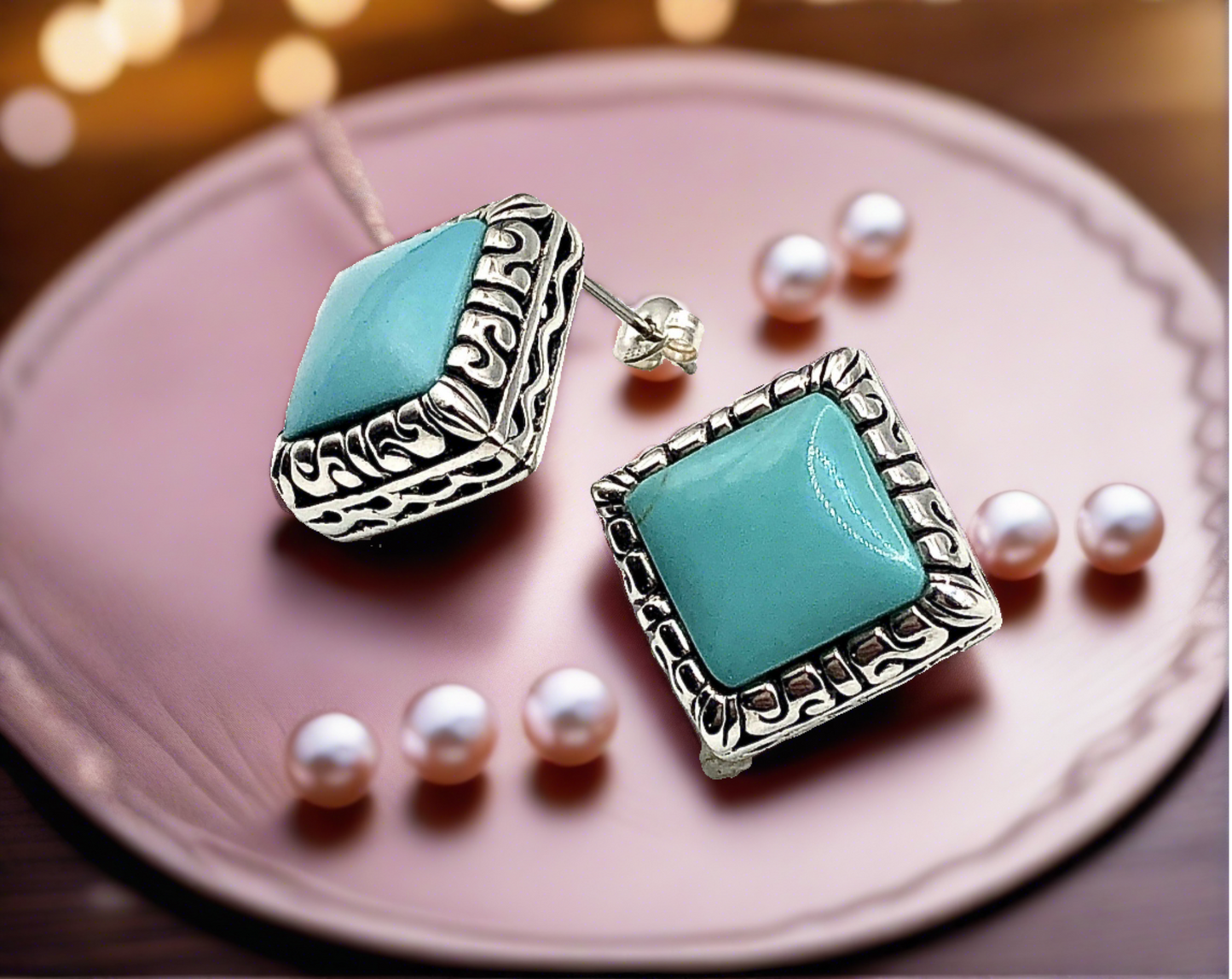Stone Earrings, Big Square Style Blue Turquoise Geometric Design Big Earrings