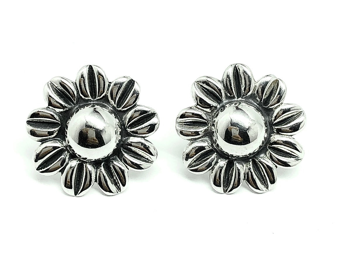 Vintage Doming Sunflower Design Sterling Silver Earrings