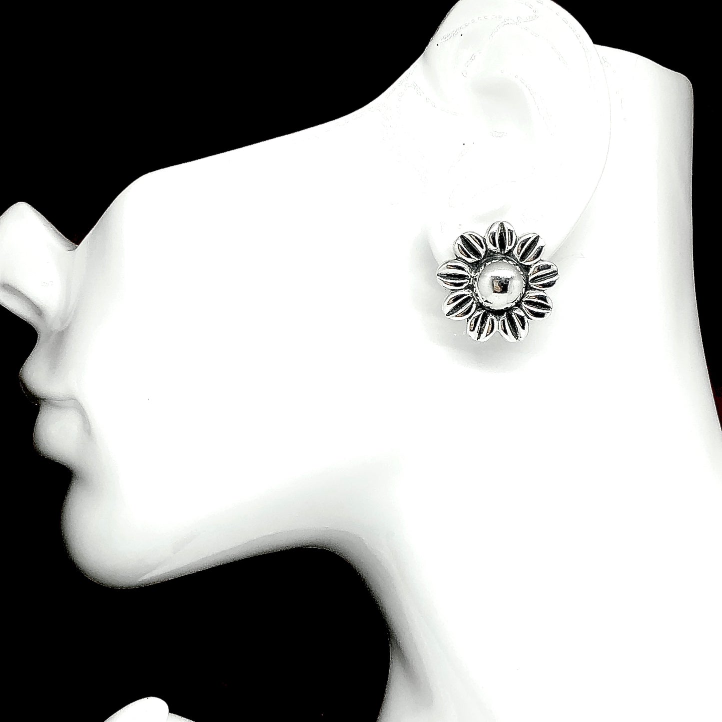 Silver Earrings Womens | Bold Round Doming Flower Design Sterling Silver Big Style Earrings