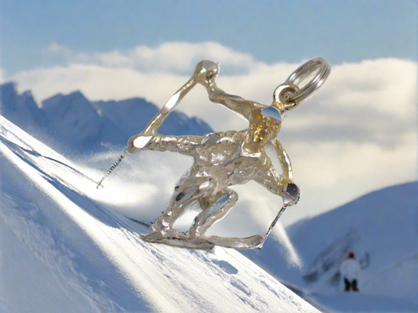 3d Silver Charm, Mens Womens Olympic Snow Ski Skier Sterling Silver Pendant - Estate Jewelry