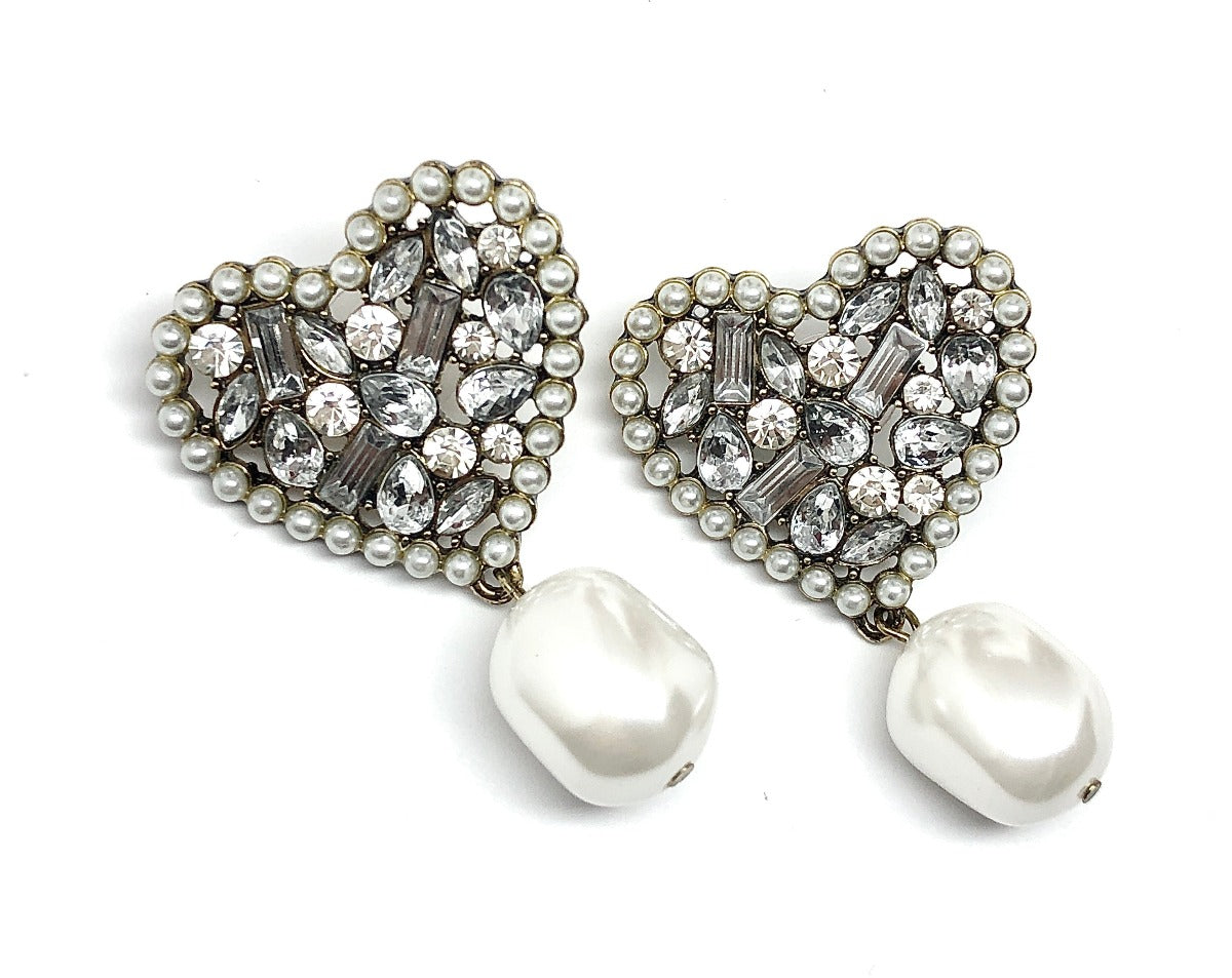 Social Influencer Accessories - Your BIG Fancy White Crystal Heart Pearl Earrings - Adding dramatic texture to your style