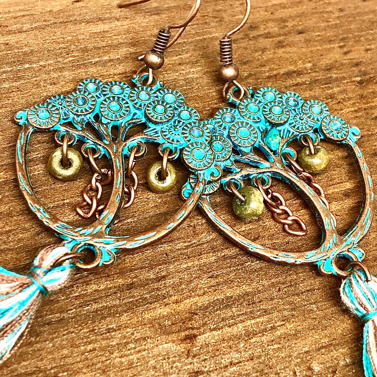Tassel Earrings Ethnic Japanese Bonsai Tree in Rustic Copper Turquoise