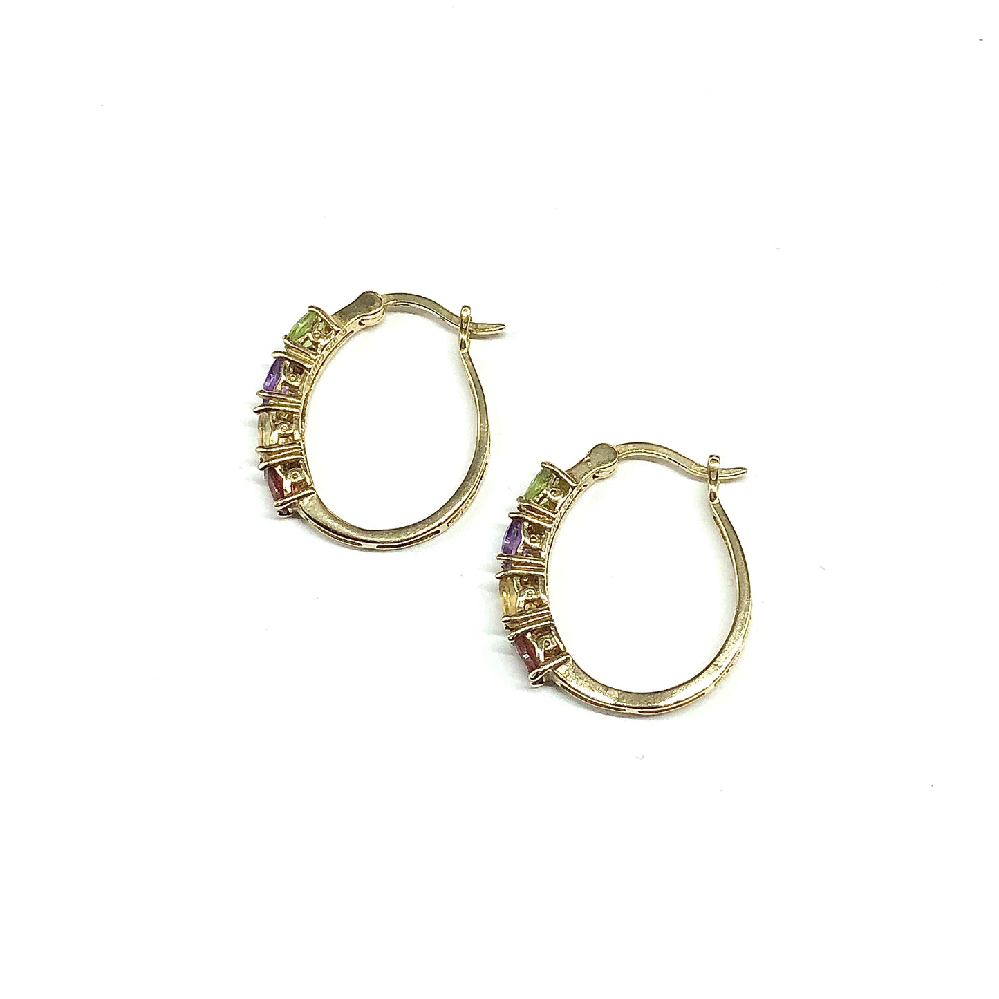 Gold Hoop Earrings - Estate Jewelry, 925 Sterling Silver, Multi Oval Gemstone Gold Hoop Earrings