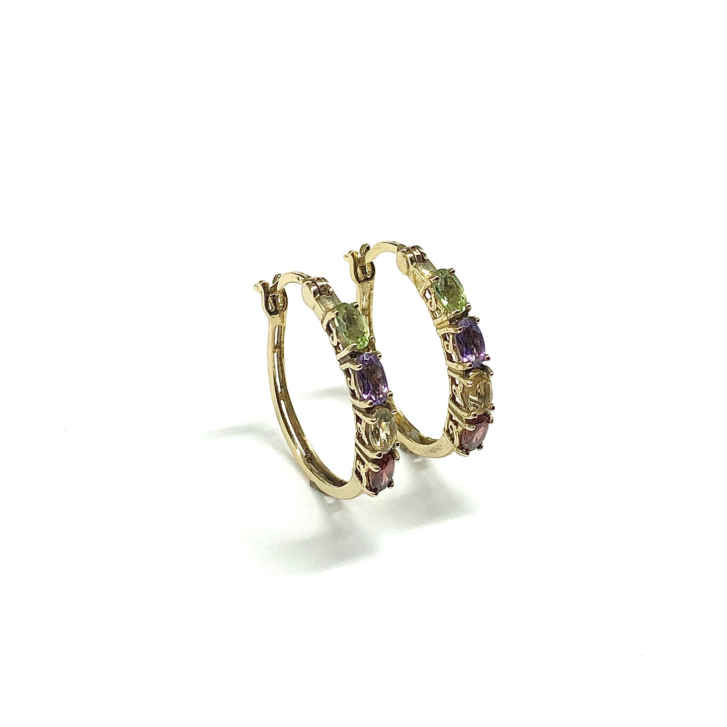 Estate Jewelry, Gold Plated, 925 Sterling Silver, Multi Oval Gemstone Gold Hoop Earrings