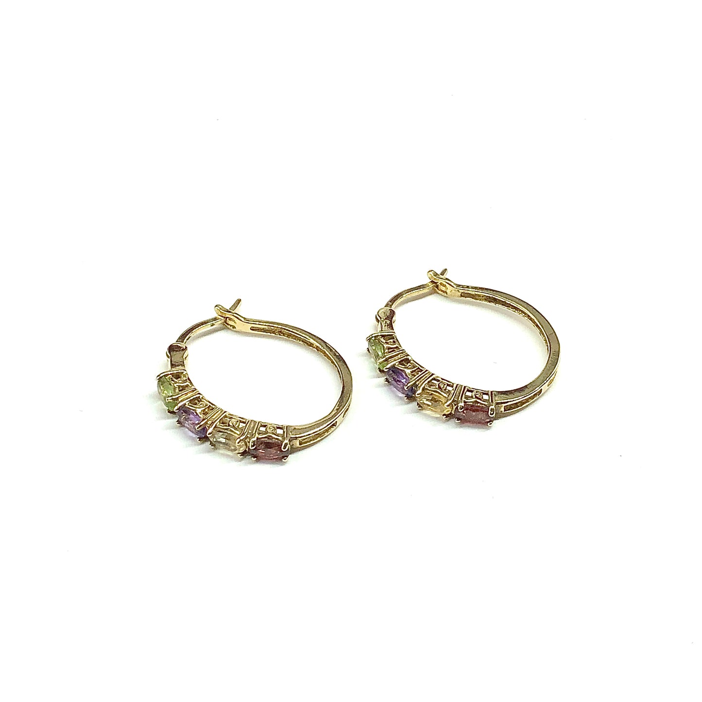 Gold Hoop Earrings - Used Jewelry, Gold Plated, 925 Sterling Silver, Multi Oval Gemstone Hoop Earrings
