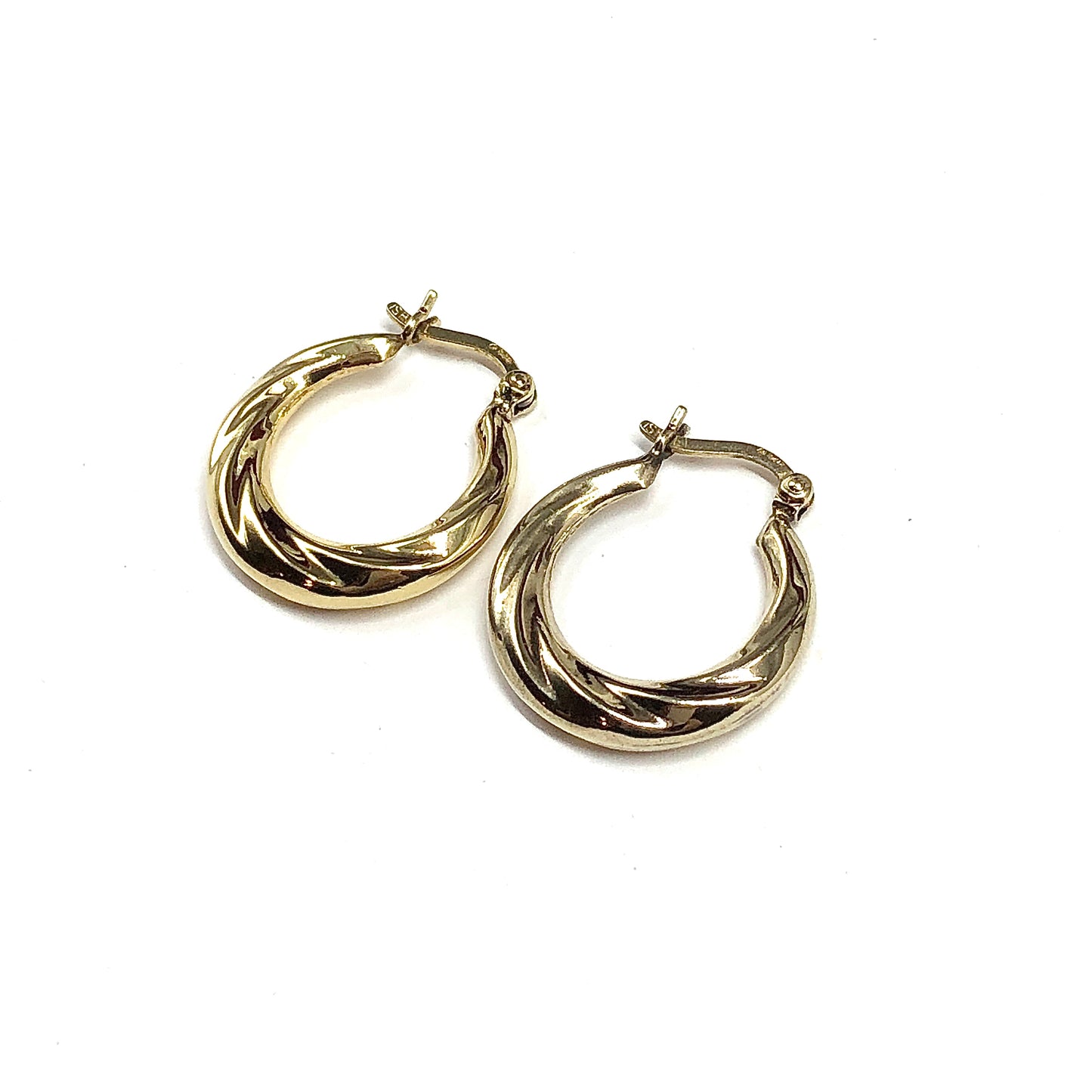 Gold Hoop Earrings, Lightweight 7/8in Sterling Silver Gold Plated Tapered Ribbed Design Earrings