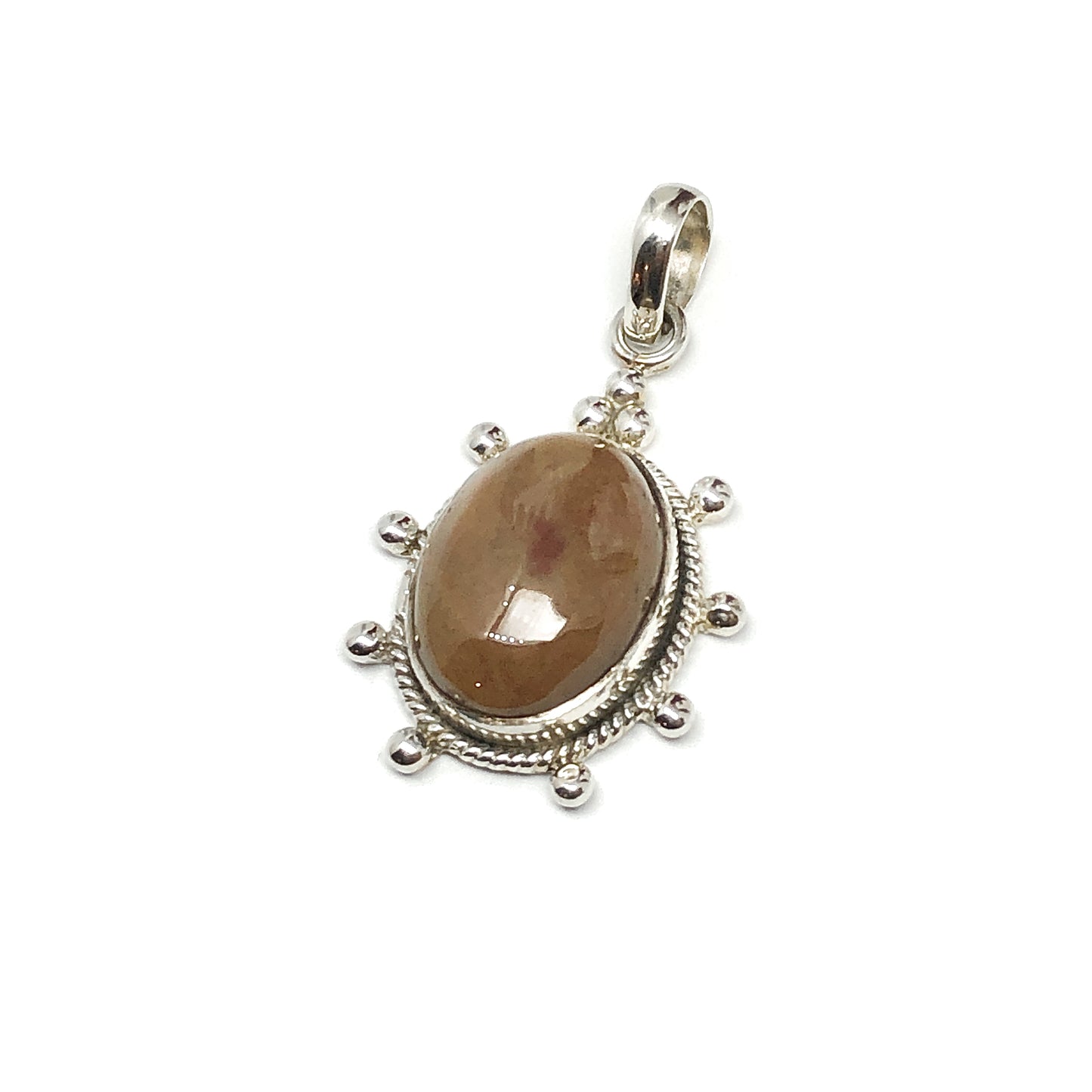 Sterling Silver Oval Ship Wheel Design Unique Brown Bloodstone Pendant
