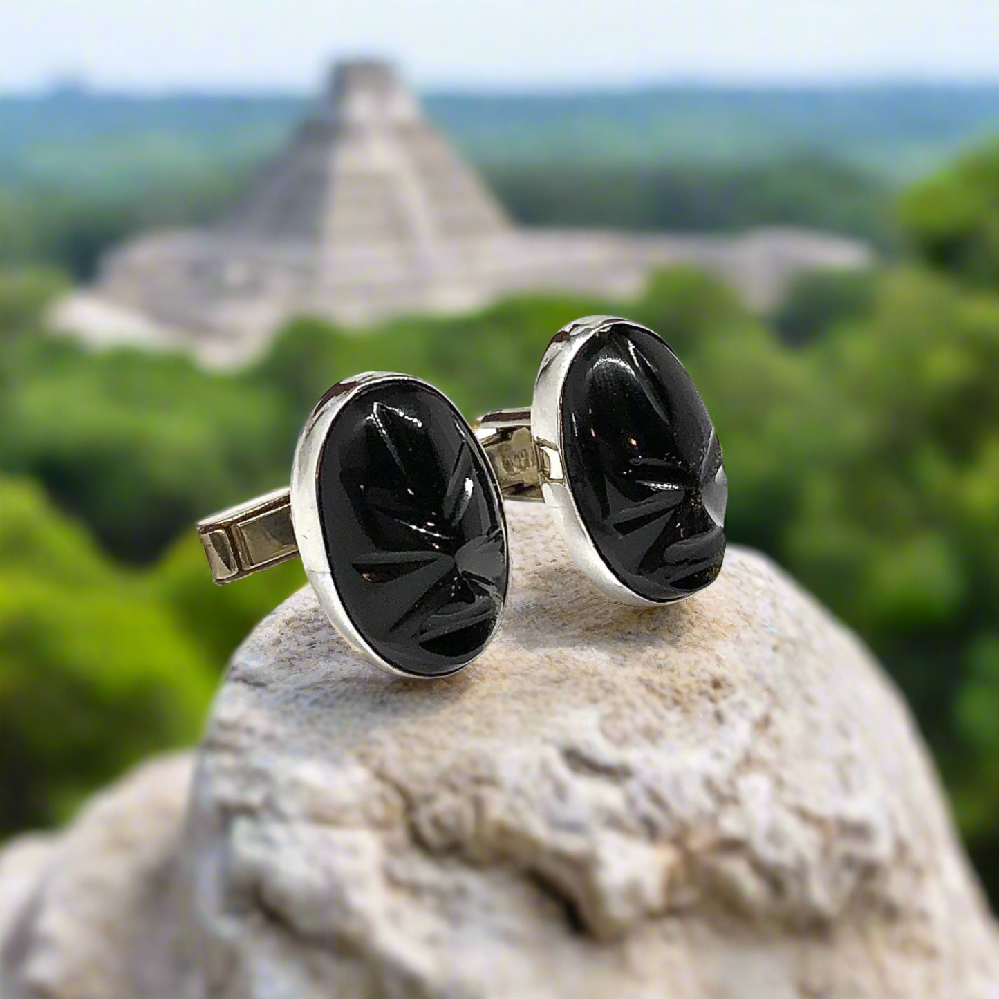 Mens Exotic Carved Black Golden Obsidian Sterling Silver Cufflinks