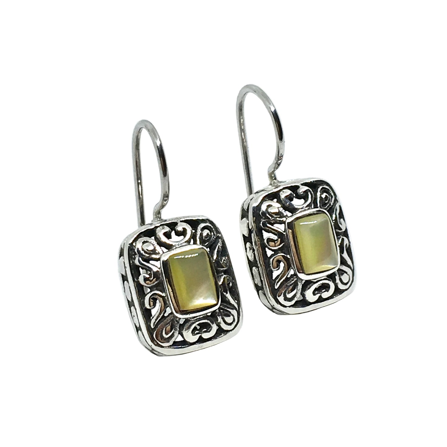 Sterling Silver Drop Earrings, Fancy Filigree Design Golden Pearl Earrings