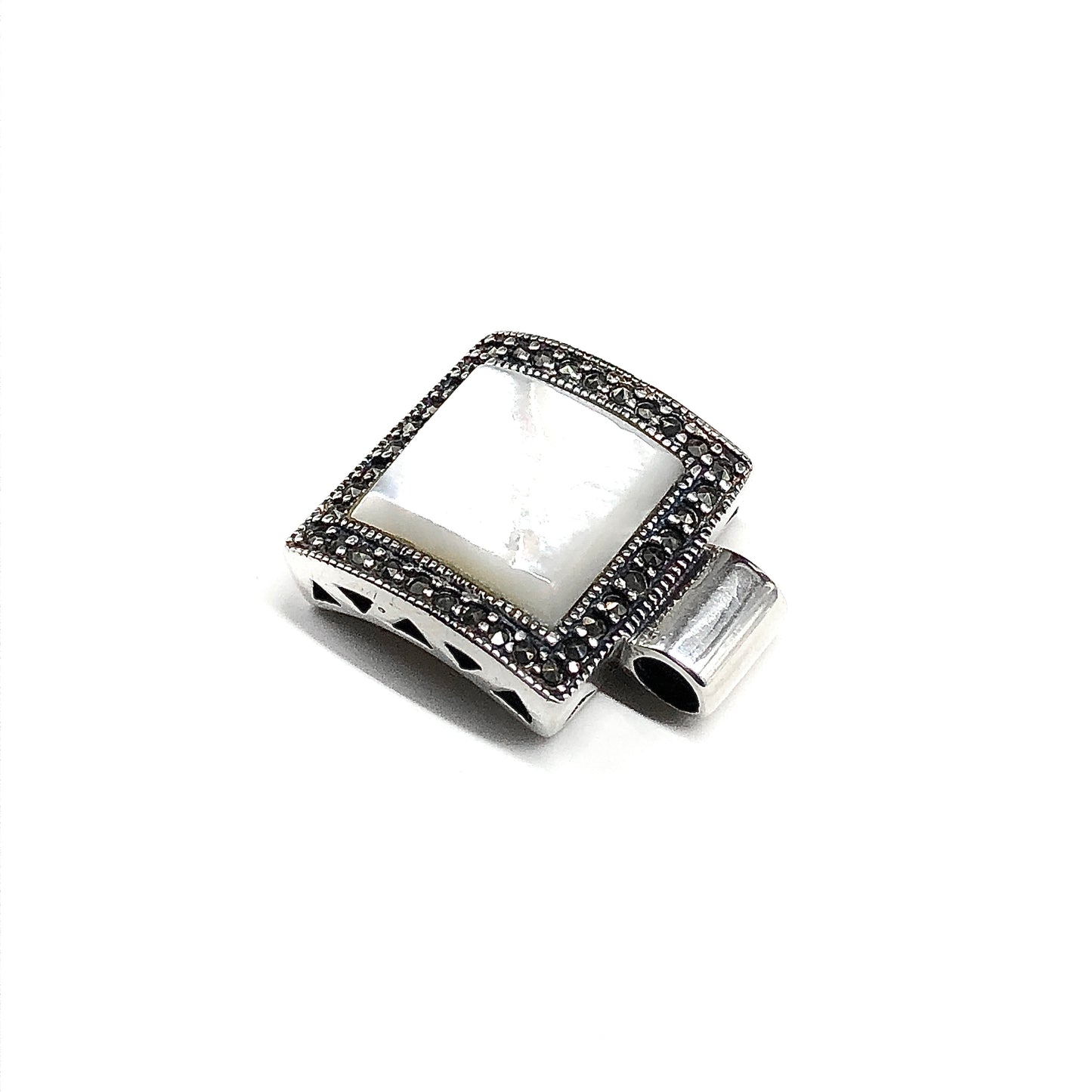 Mother of Pearl Marcasite Stone Pendant Design, Arched Sterling Silver Pendant for Women