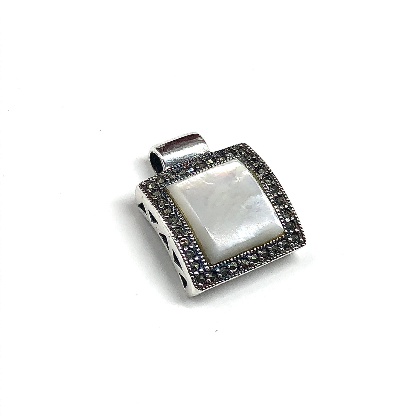 Discount Estate Jewelry - Flattering Mother of Pearl Marcasite Stone Pendant, Sterling Silver Pendant for Women
