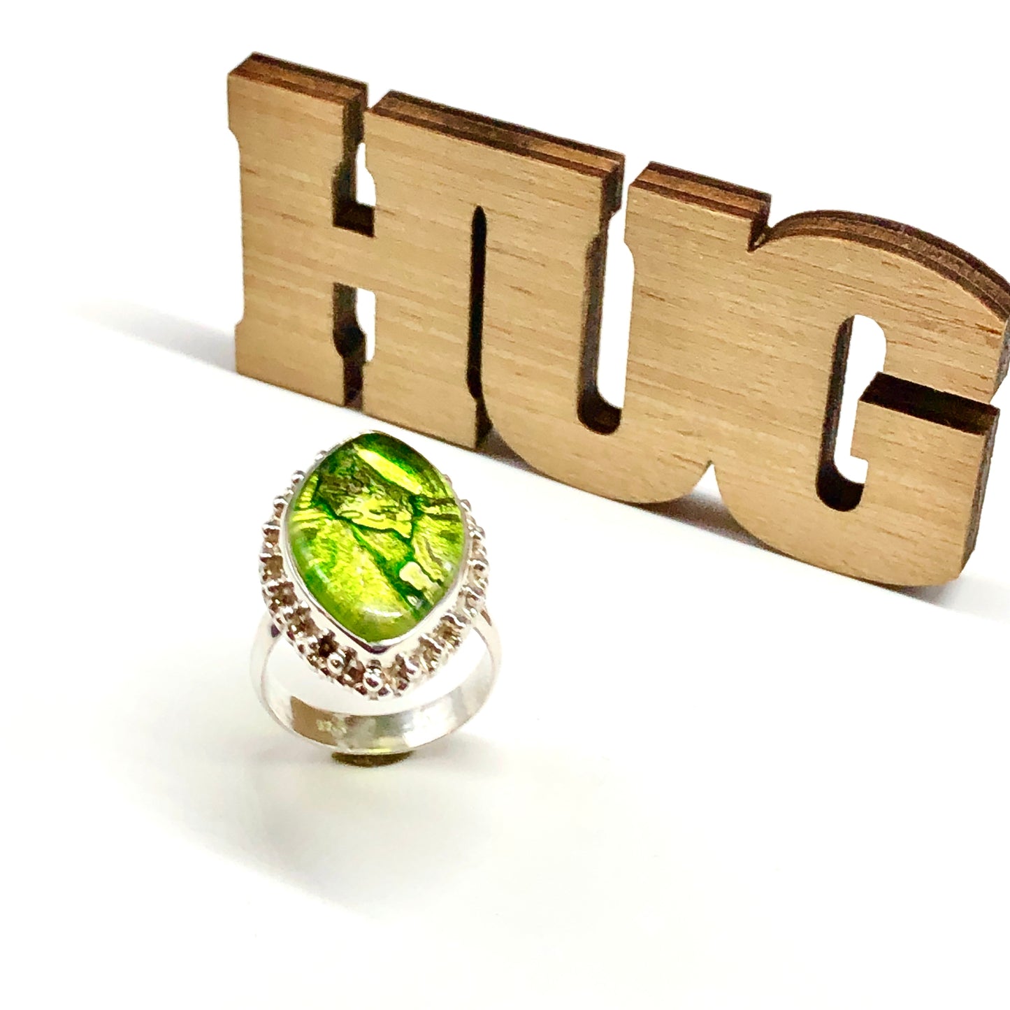Dichroic Lemon & Lime Sterling Silver Ring sz7.25