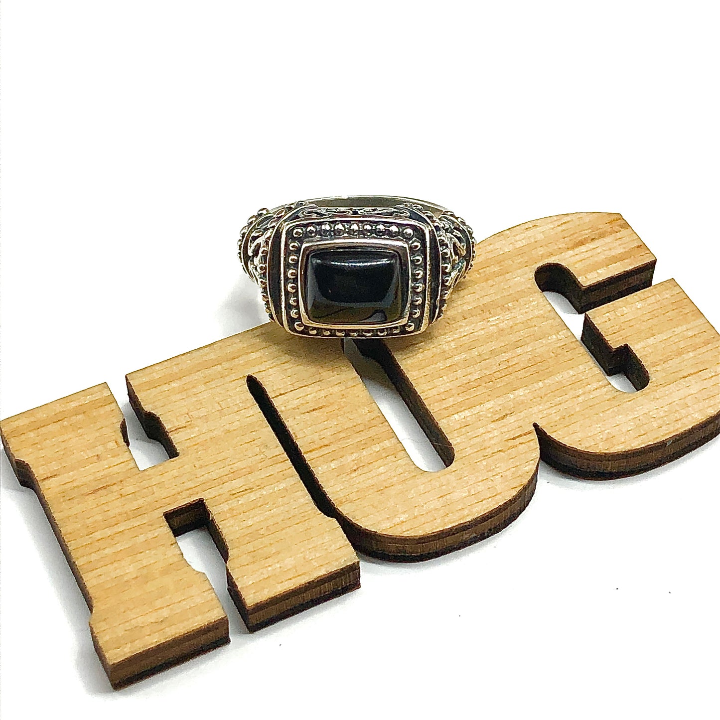 Sz10 Sterling Silver Ring, Stylish Bold Black Stone Ring