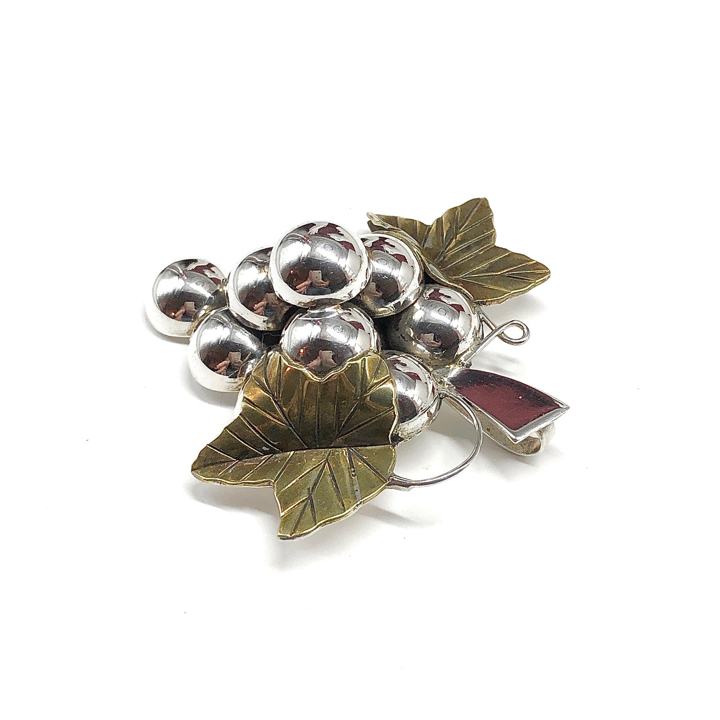 Grape Bunch with Leaves Sterling Silver Convertible Brooch to Pendant Pin