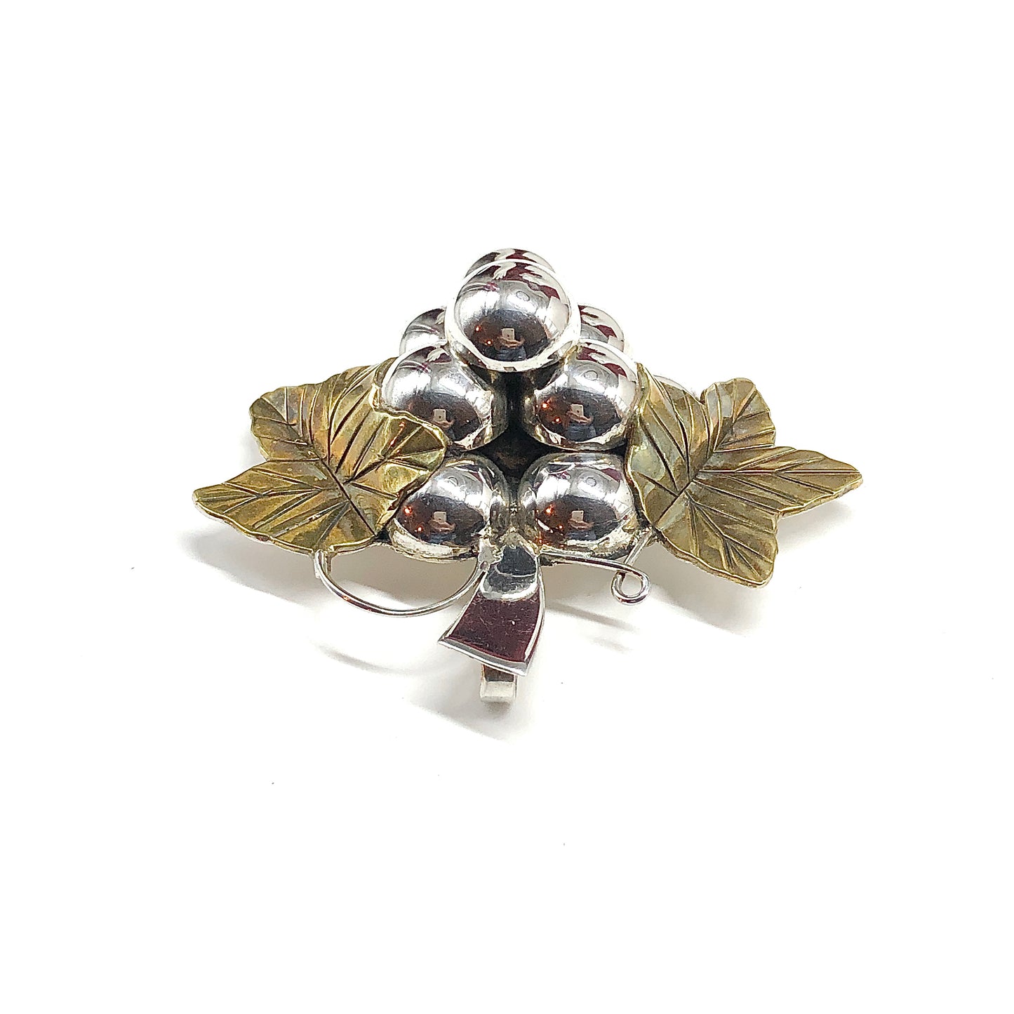 Mexico Jewelry - Rustic Grape Bunch with Leaves Sterling Silver Convertible Brooch to Pendant Pin