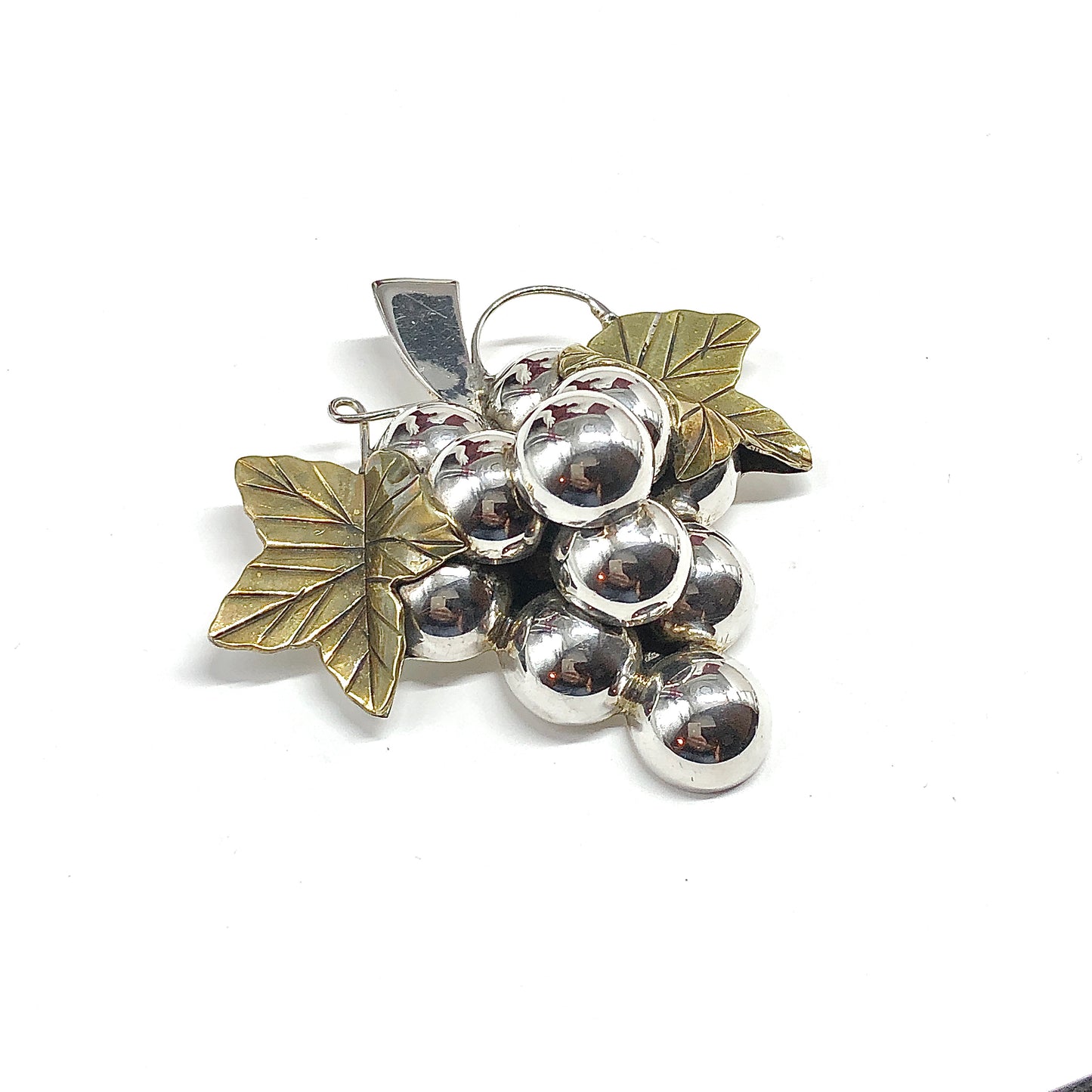 Rustic Vineyard Grape Bunch with Leaves Sterling Silver Convertible Brooch to Pendant Pin