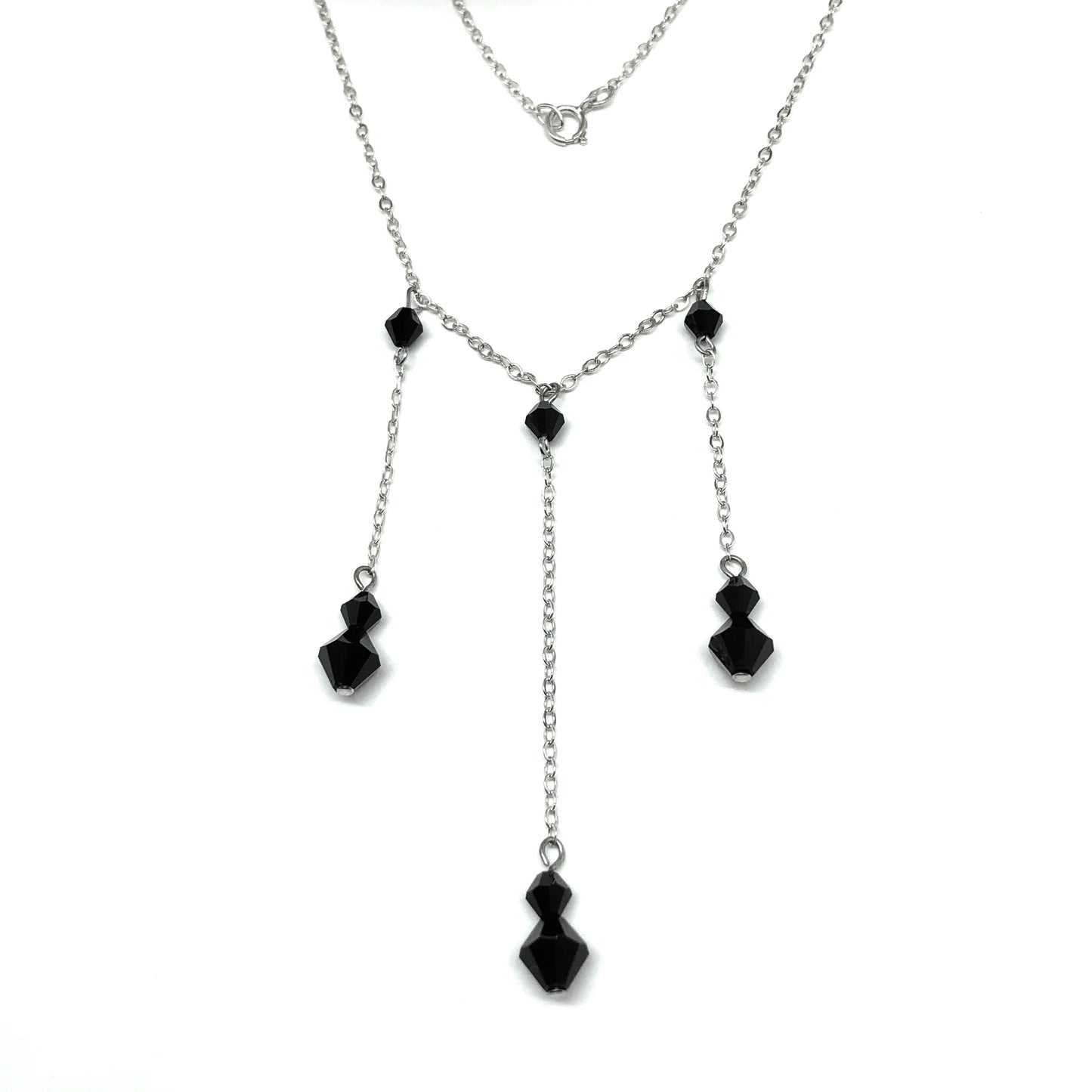 Minimalist Style Sterling Silver Black Bead Station Y Chain Necklace