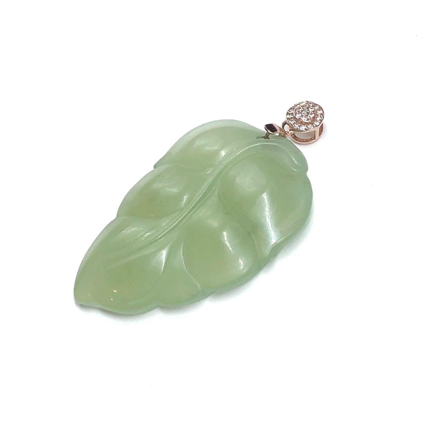 Frosty Sage Green jade leaf-shaped sterling silver pendant for sale