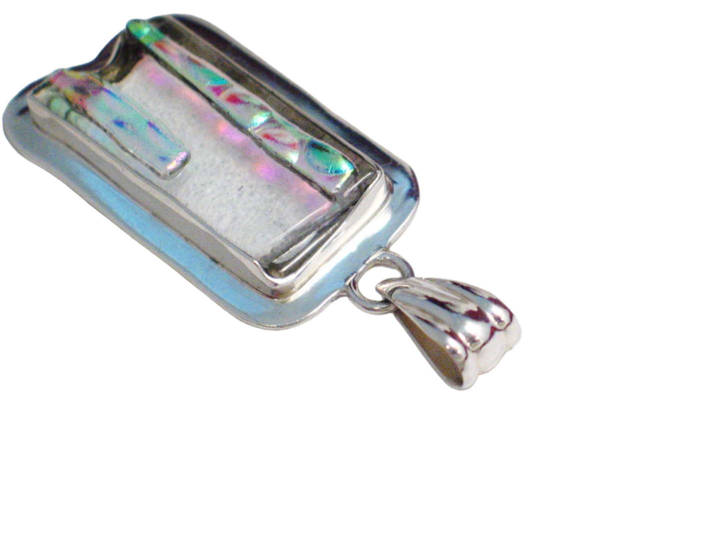 Big Stone Pendant, Modernist Style OOAK Iridescent Abstract City Skyline Design Dichroic Glass Sterling Silver Pendant