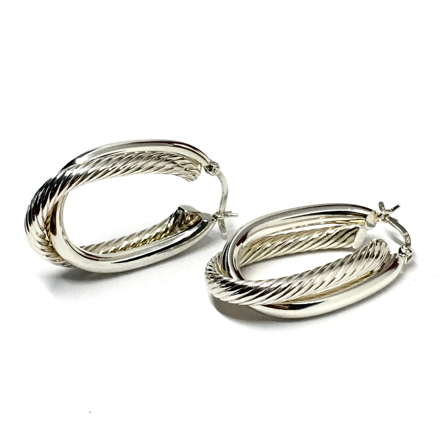 Earrings | Womens used Sterling Silver Rope & Polish Crossover Design Oval Hoop Earrings
