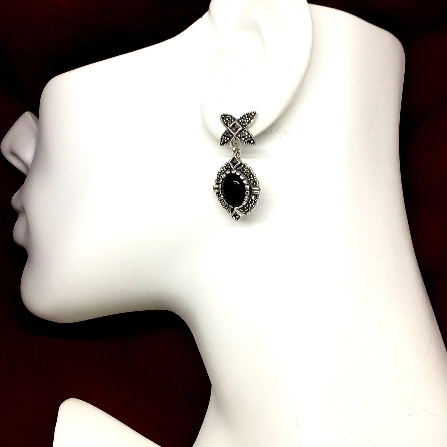 Dangle Earrings - Sterling Silver Black Onyx Scarab Beetle Marcasite Design Dangle Earrings