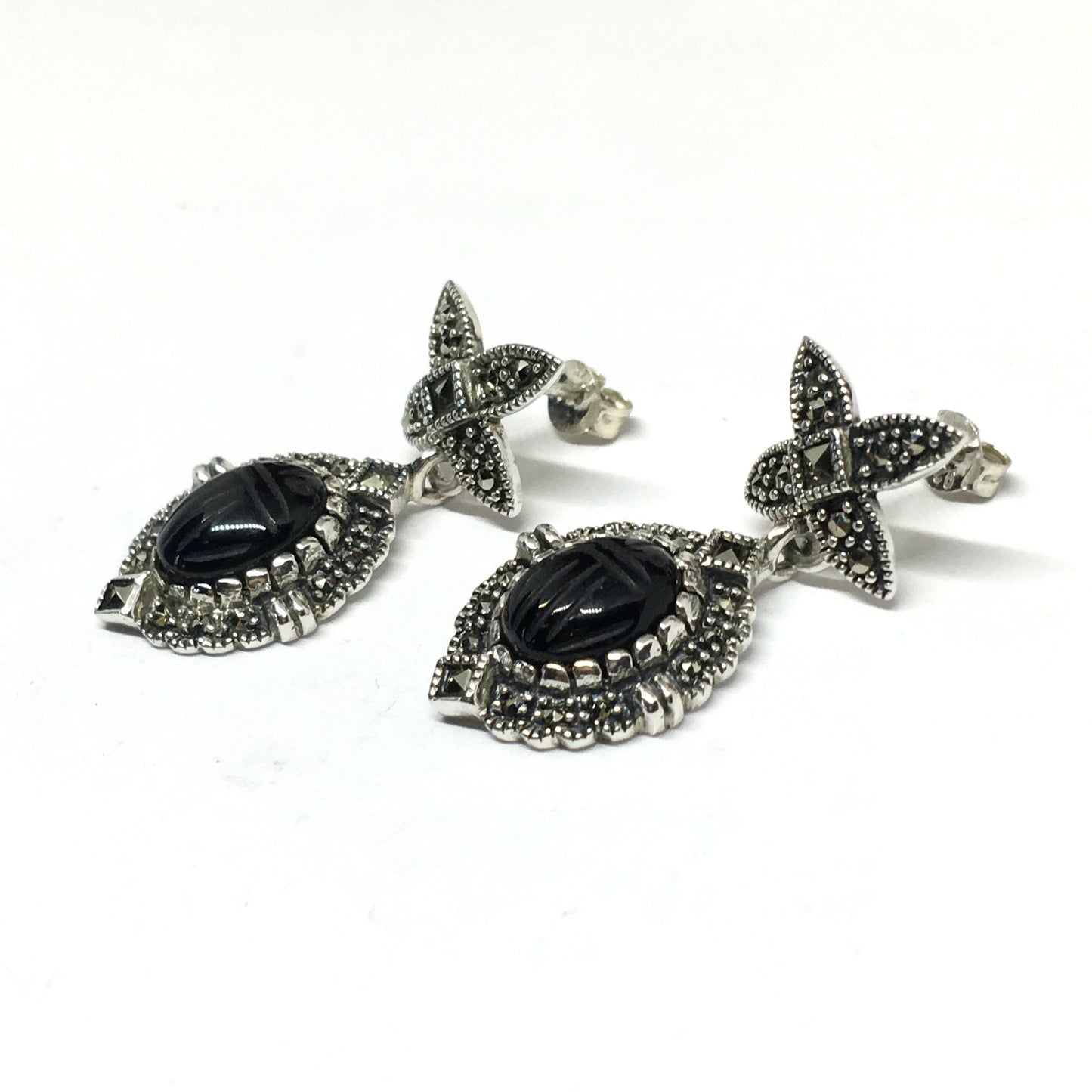 Earrings - Sterling Silver Black Drop Earrings - Scarab Beetle Marcasite Stone Dangle Earrings