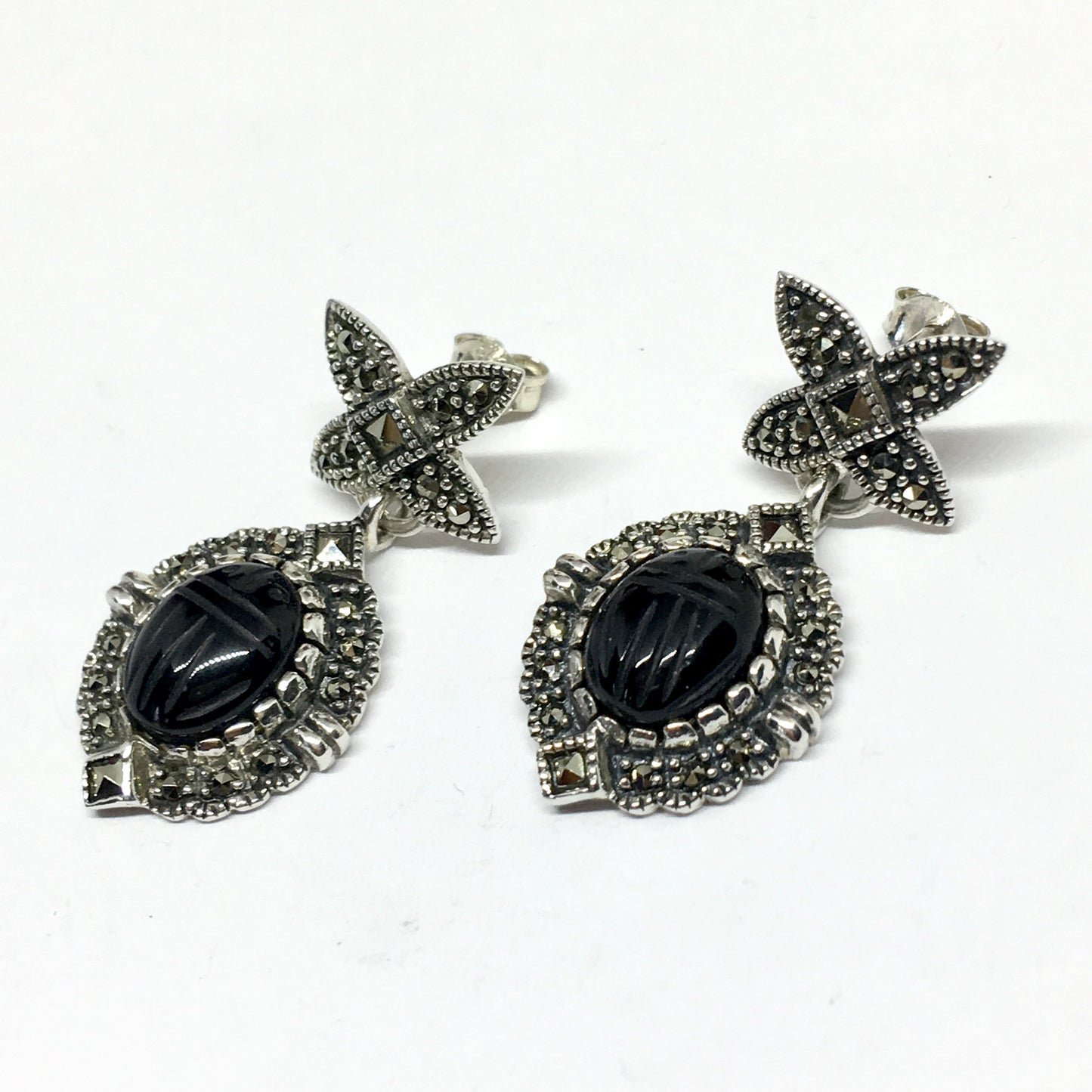 Earrings - Black Drop Earrings - Woman's Sterling Silver Earrings - Scarab Beetle Marcasite Stone Earrings - Dangle Earrings