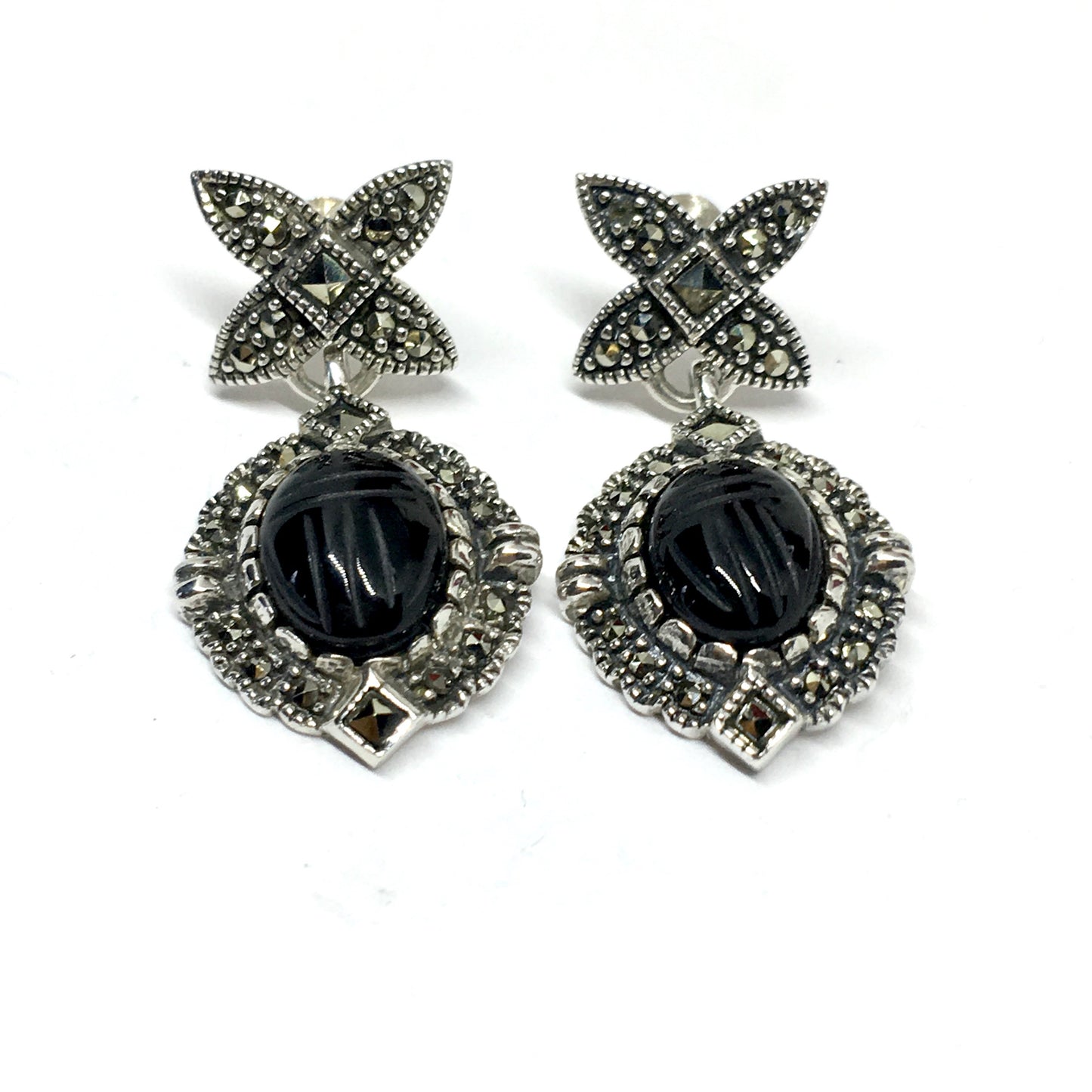 Earrings - Sterling Silver Black Drop Earrings - Scarab Beetle Marcasite Stone Dangle Earrings
