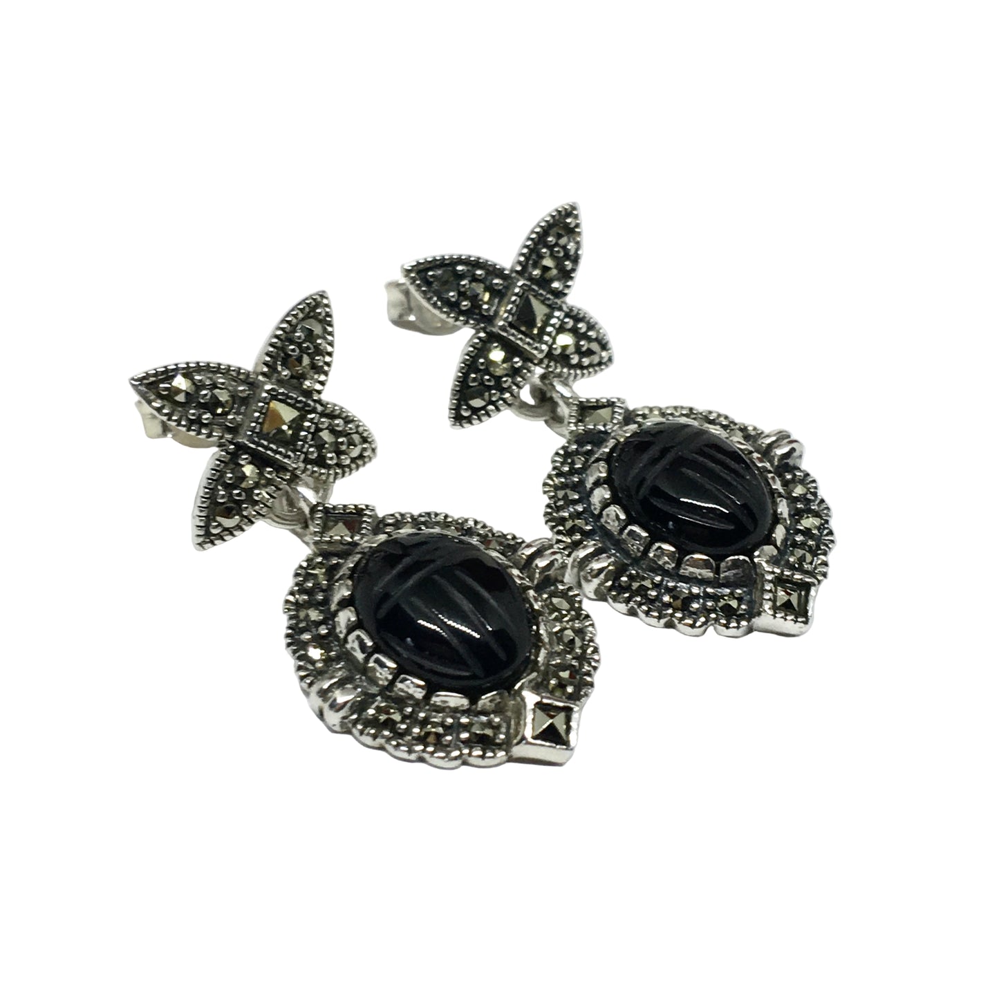 Dangle Earrings - Sterling Silver Black Onyx Scarab Beetle Marcasite Design Dangle Earrings | Blingschlingers USA