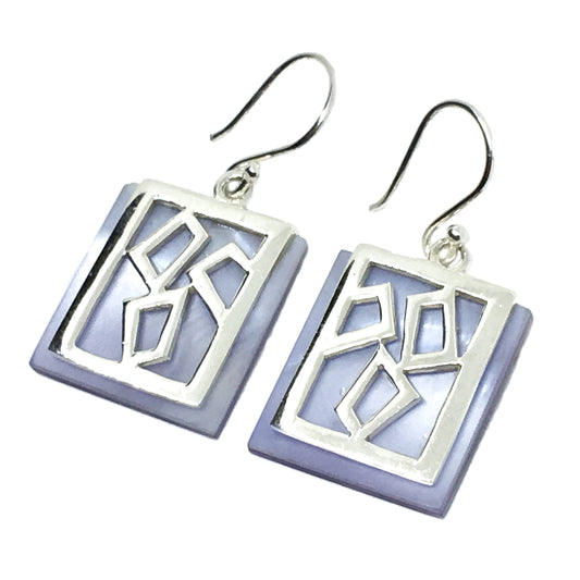 Dangle Earrings - Sterling Silver Edgy Flair Purple Pearl Drop Earrings - Modernist Geometric Design Earrings