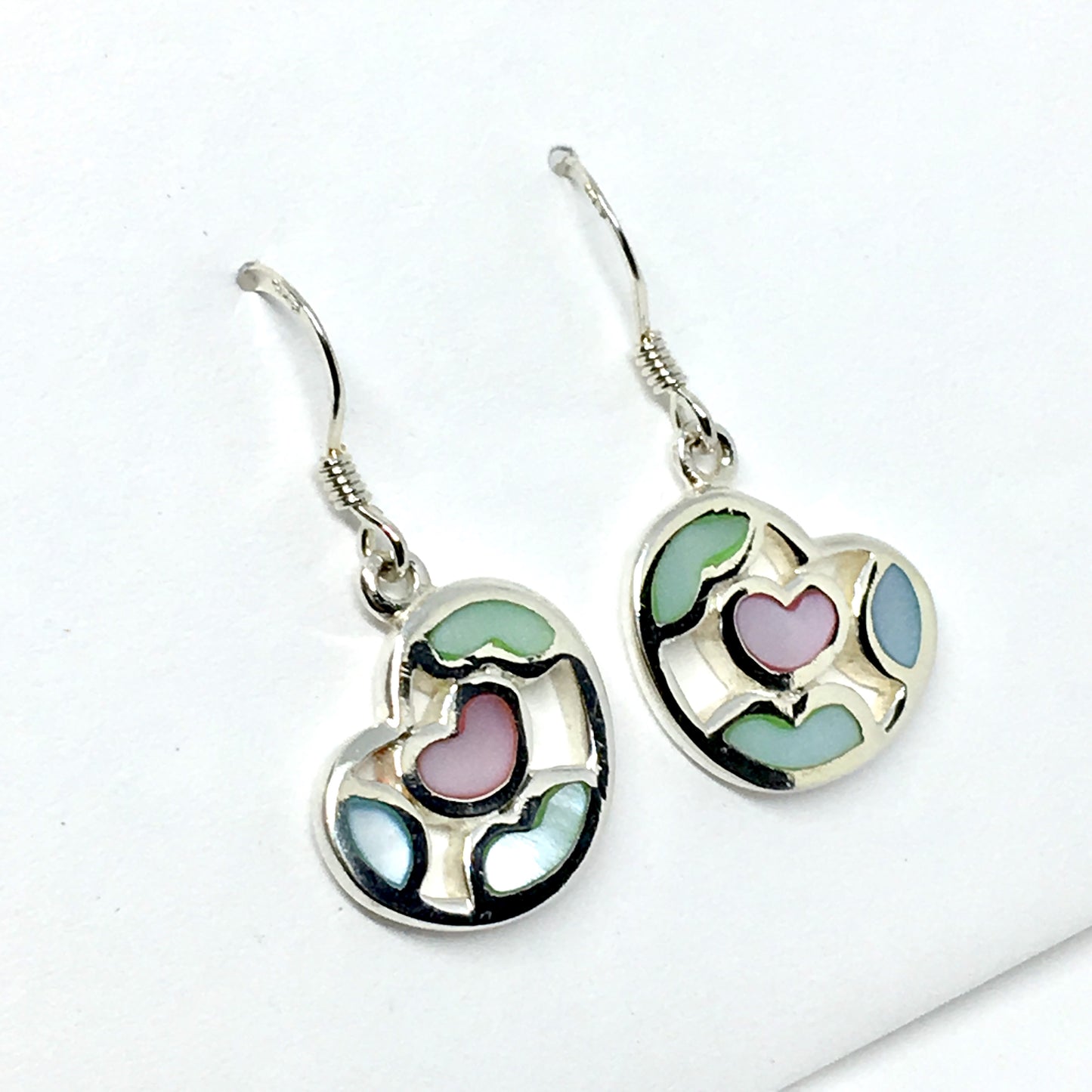 Earrings ~ Sterling Silver Heart Design Pink Green Pearl Dangle Earrings