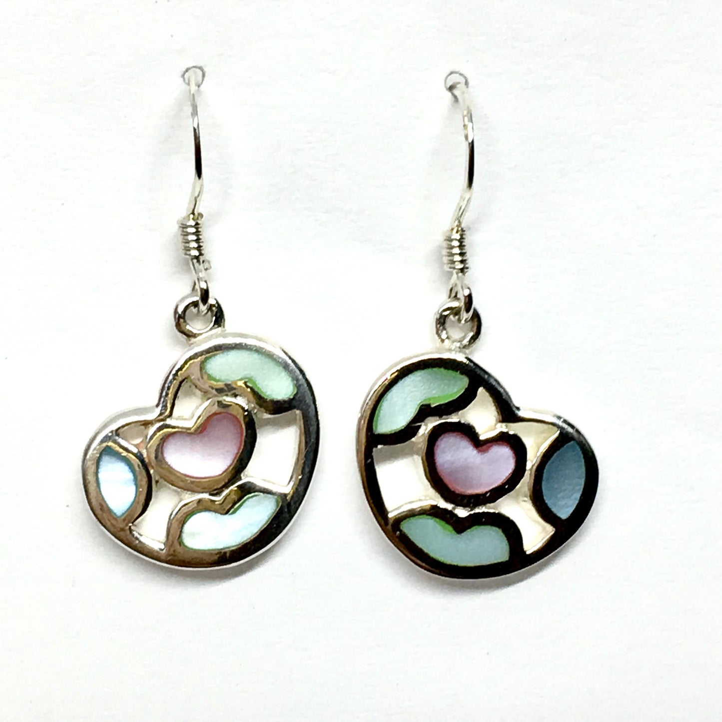 Abstract Pink Green Pearl Heart Sterling Silver Dangle Earrings