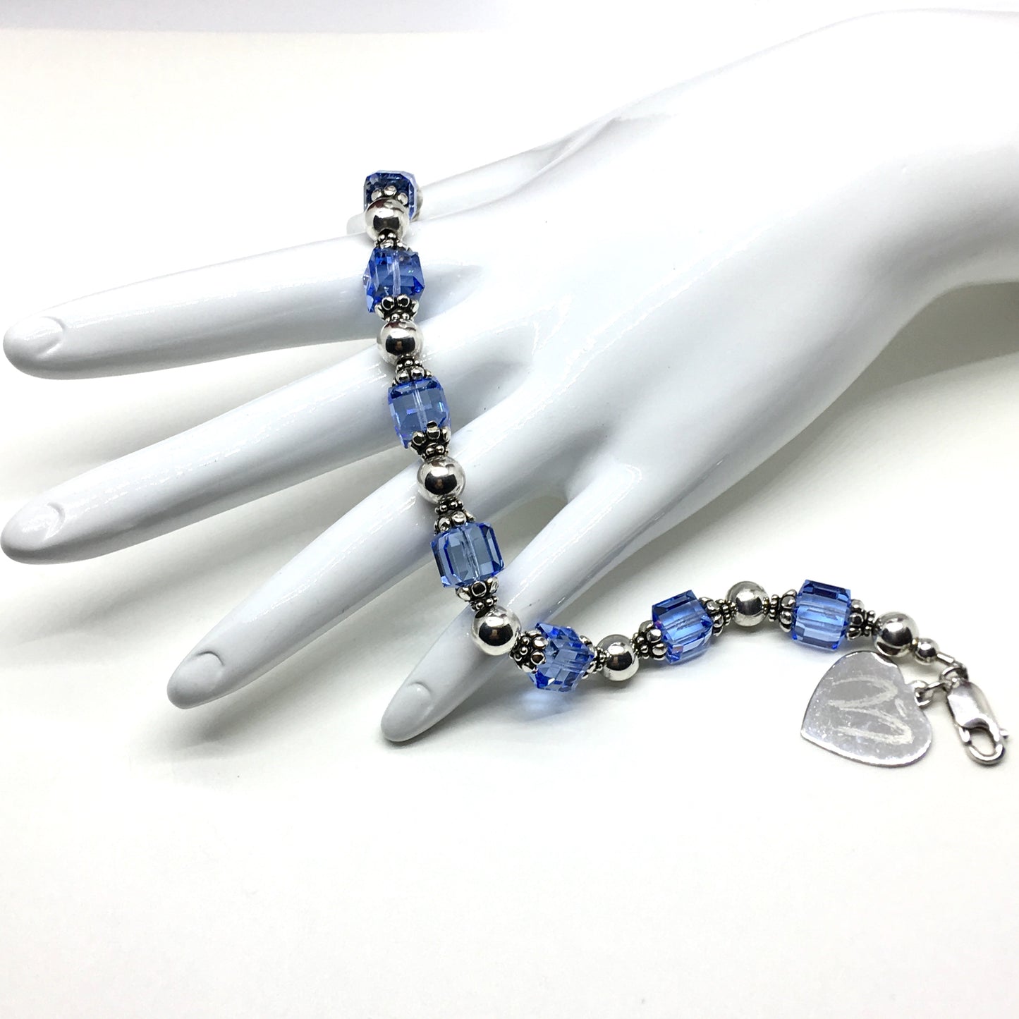 Jewelry used | Sterling Silver Heart Charm Blue Crystal Bead Bracelet 6.75