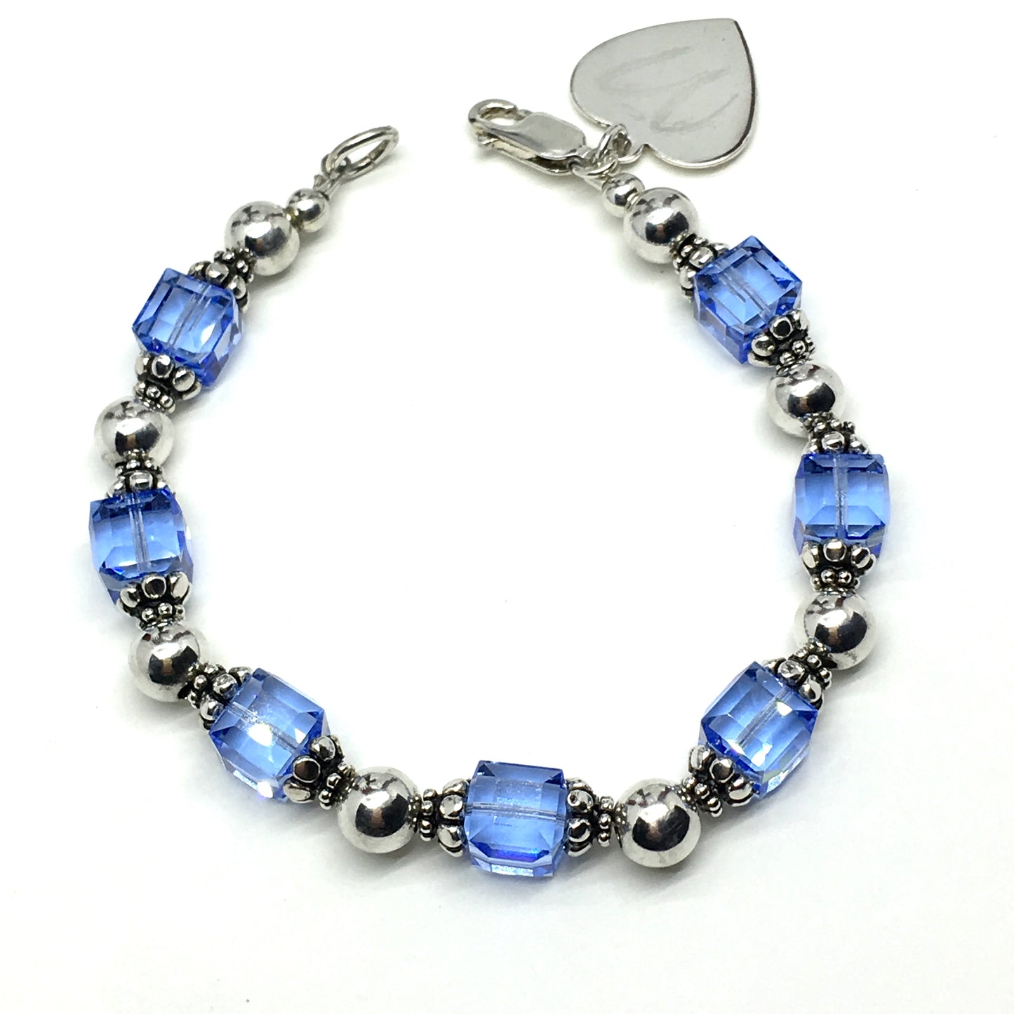 Jewelry used | Sterling Silver Heart Charm Blue Crystal Bead Bracelet 6.75