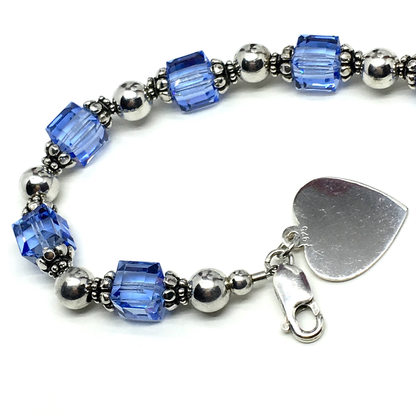 Jewelry used | Sterling Silver Heart Charm Blue Crystal Bead Bracelet 6.75