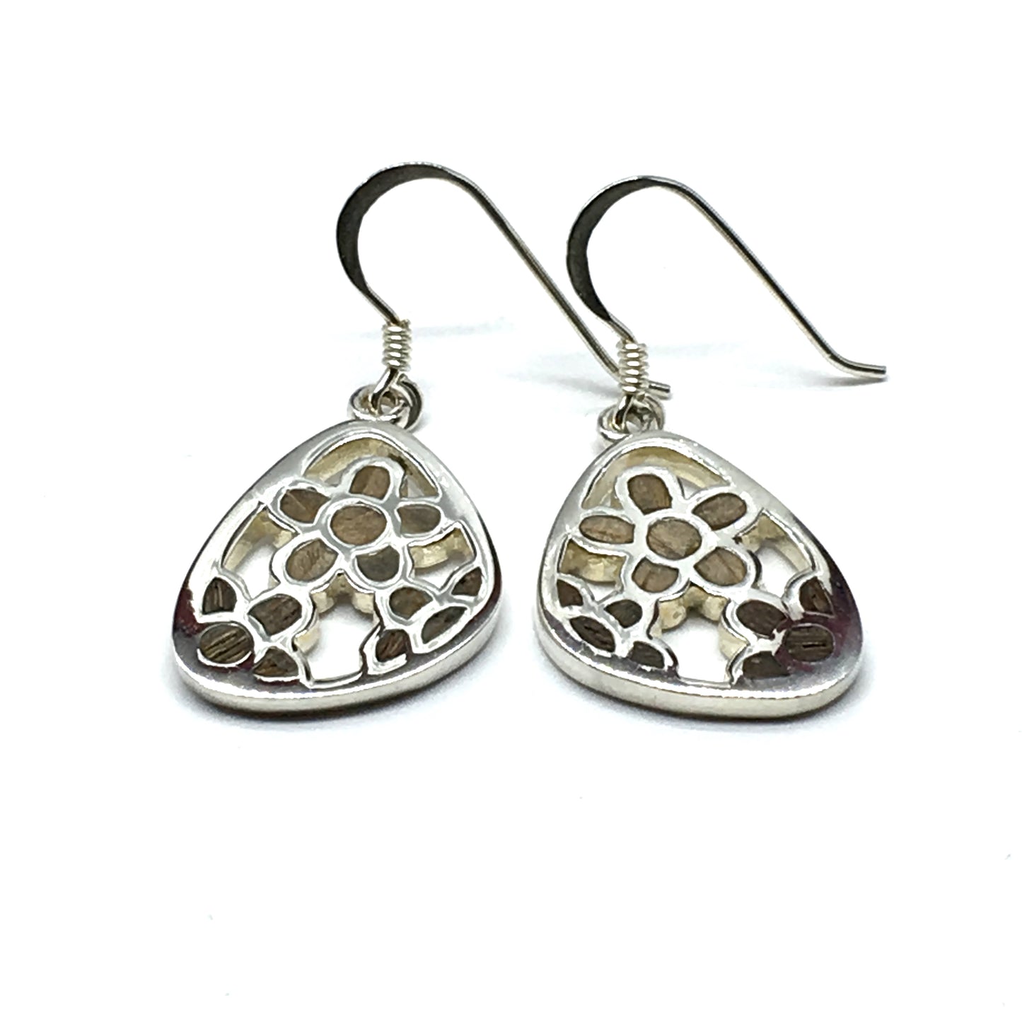Earrings | Womens Sterling Silver Natural Wood Cut-out Flower Design Dangle Earrings