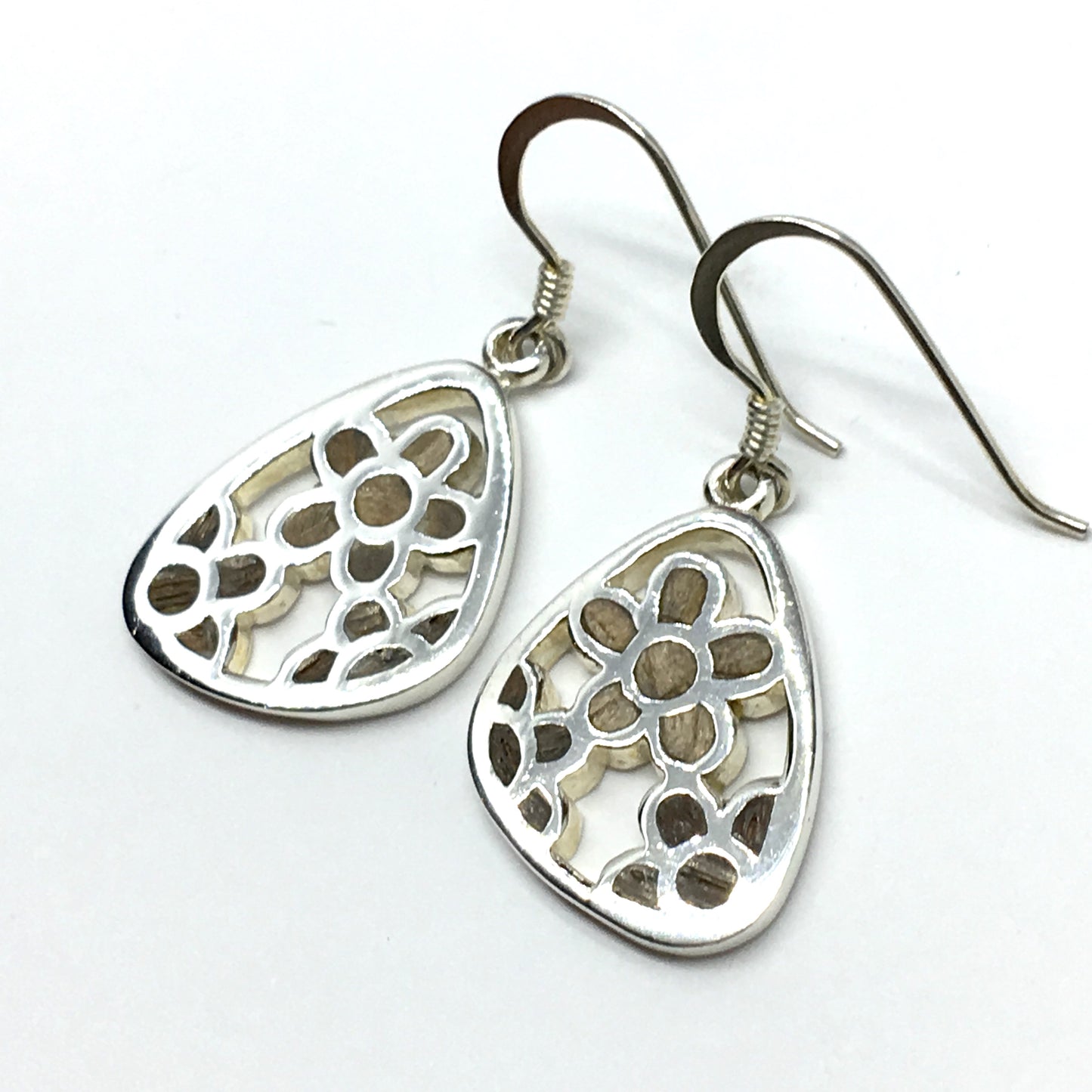 Earrings | Womens Sterling Silver Natural Wood Cut-out Flower Design Dangle Earrings